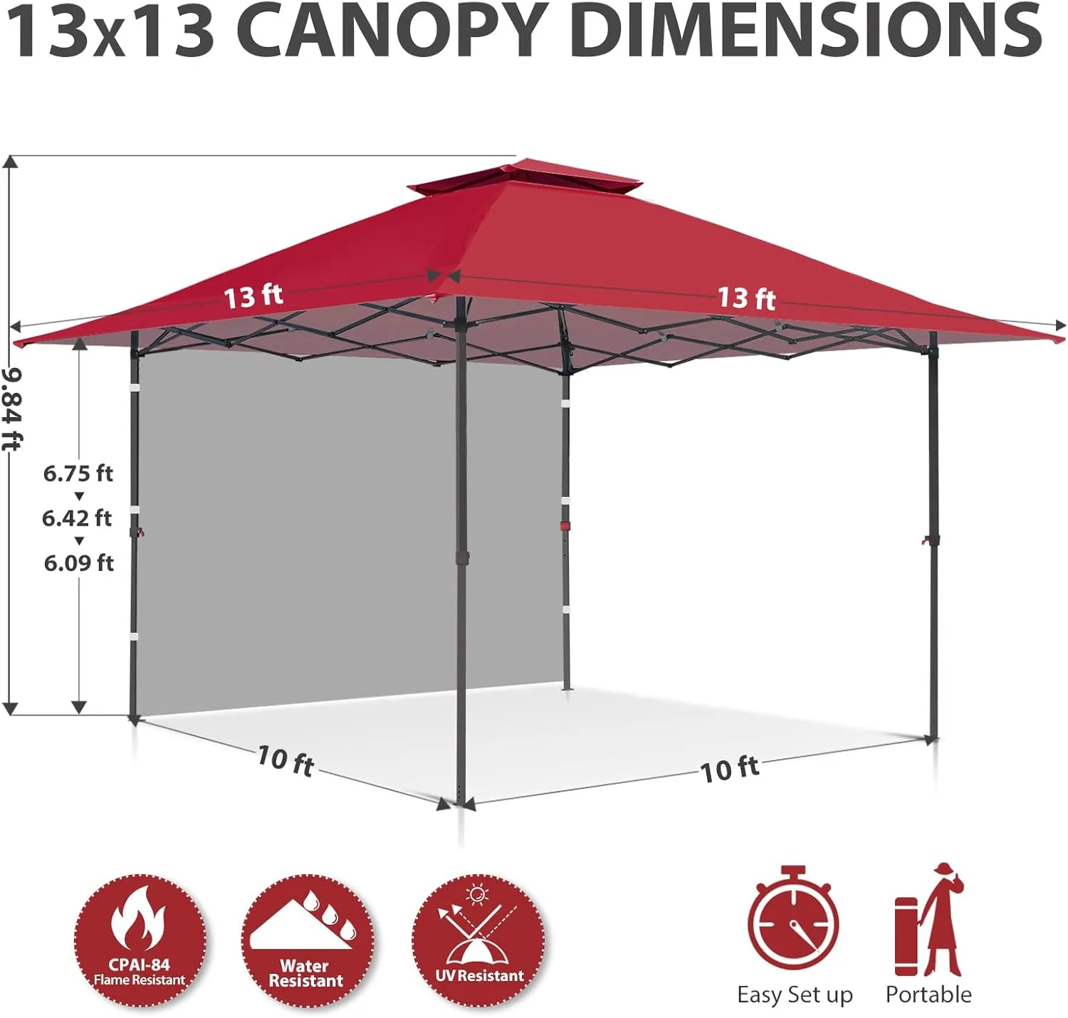 EAGLE PEAK 13x13 Pop up Canopy Tent w/One Wall, Instant Canopy Easy Set up Folding Shelter w/One Privacy Curtain, 169 Square Feet Sun Shade, Red