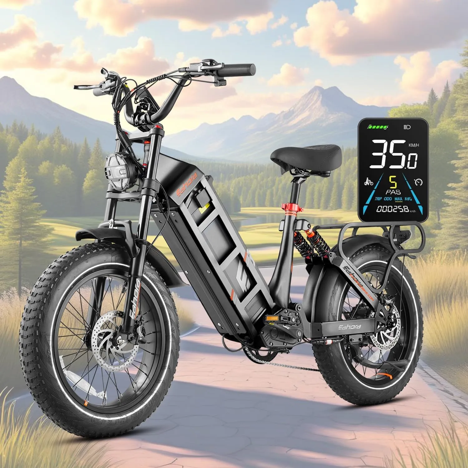eAhora Juliet Long Range Ebike - [2025] 2000W/1200W 31-34MPH 52V 60Ah 200Mile Electric Bike for Adults, 20'' Fat Tire Fast Electric Mountain Bike Full Suspension E-Bike for Delivery Commuting, UL2849
