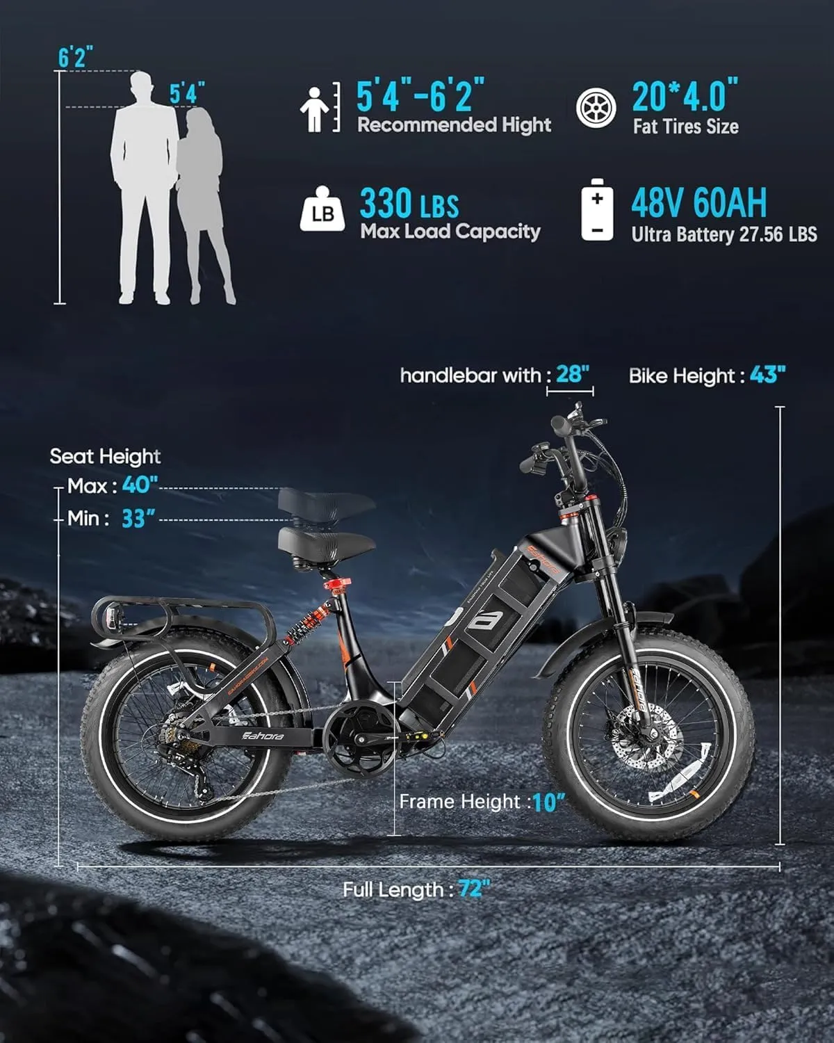 eAhora Juliet Pro-II Electric Bike - 2000W/4400W 34/43MPH Long Range 70AH 52V Ebike for Adults, 120-220Miles 20" Fat Tire Full Suspension Mountain E-Bike