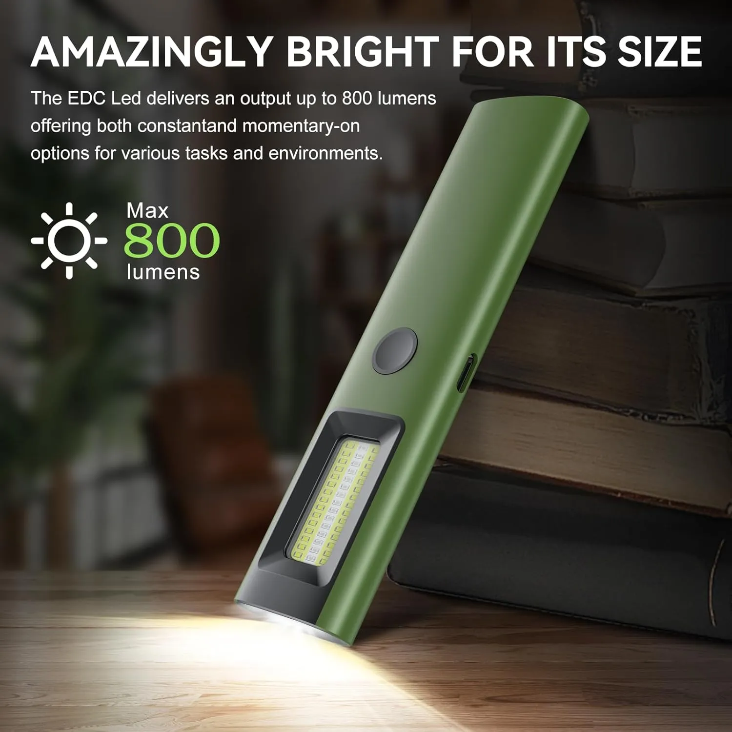 EDC Pocket LED Flashlight, Rechargeable 800 Lumens Compact Bright Handheld Flash Lights, IPX4, Dual Material, for Travel Camping and Hiking (Green)