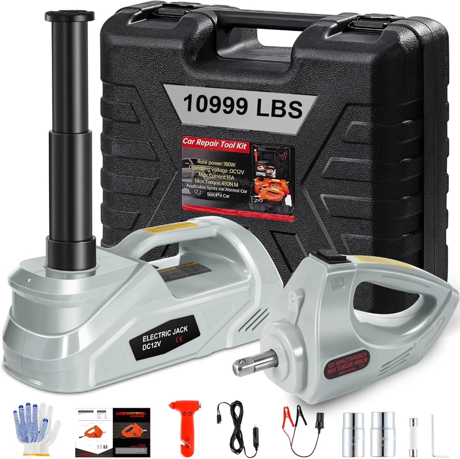Electric Car Jack Kit with Impact Wrench, 5 Ton/10999 LBS 12V Electric Hydraulic Jack with Lifting Range: 6.1~17.7 inch, Safety Hammer & Light for SUV MPV Sedan Truck Tire Change (Gray)