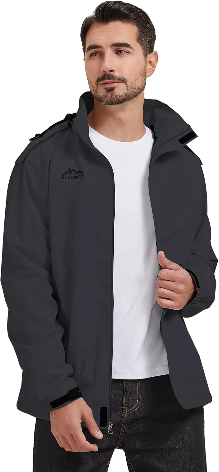 ELLSWOS Men's Waterproof Raincoat Lightweight Rain Jacket with Detachable Hood Softshell Windbreakerl for Hiking Travel
