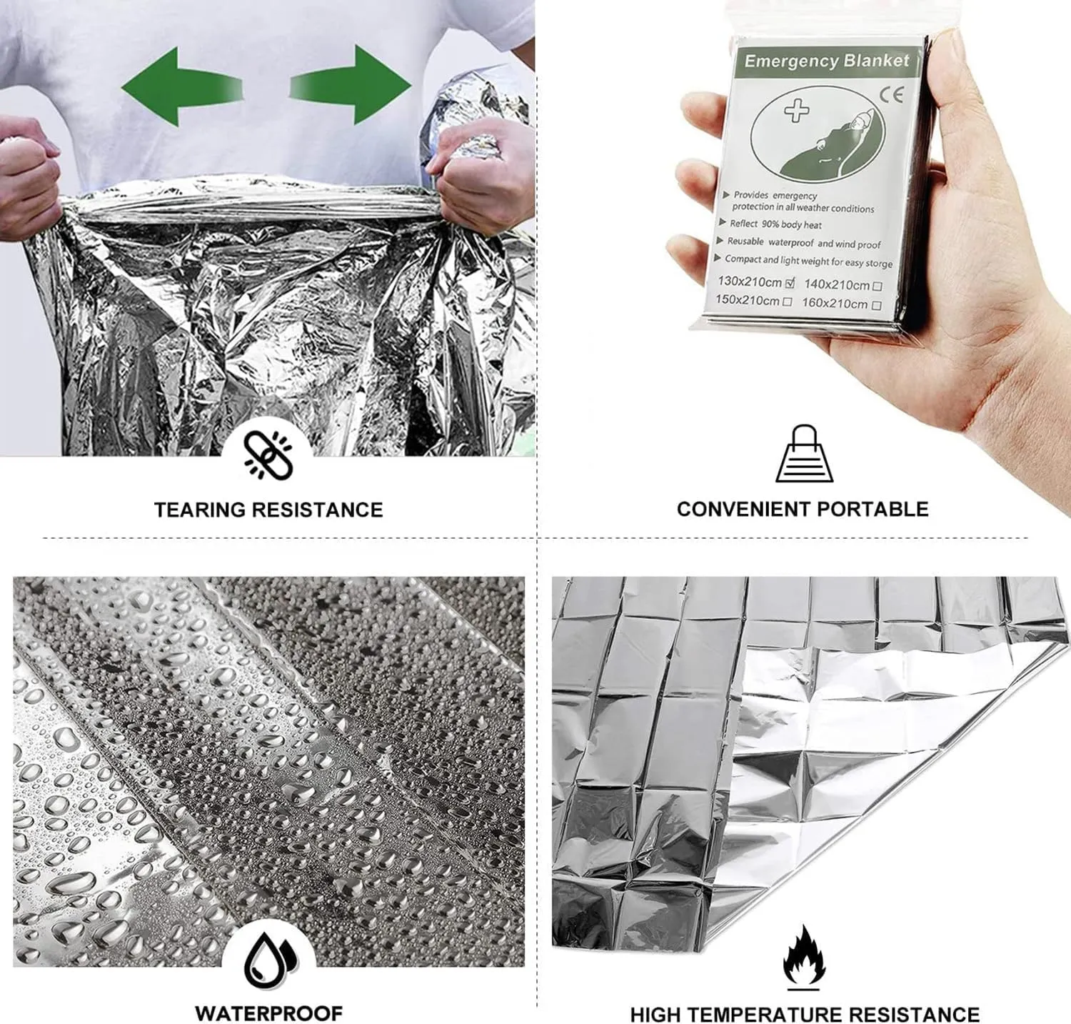 Emergency Foil Blanket (Pack of 50), Survival Thermal Mylar Blankets Individually Packaged Perfect for Outdoors, Hiking, Survival, Marathons or First Aid