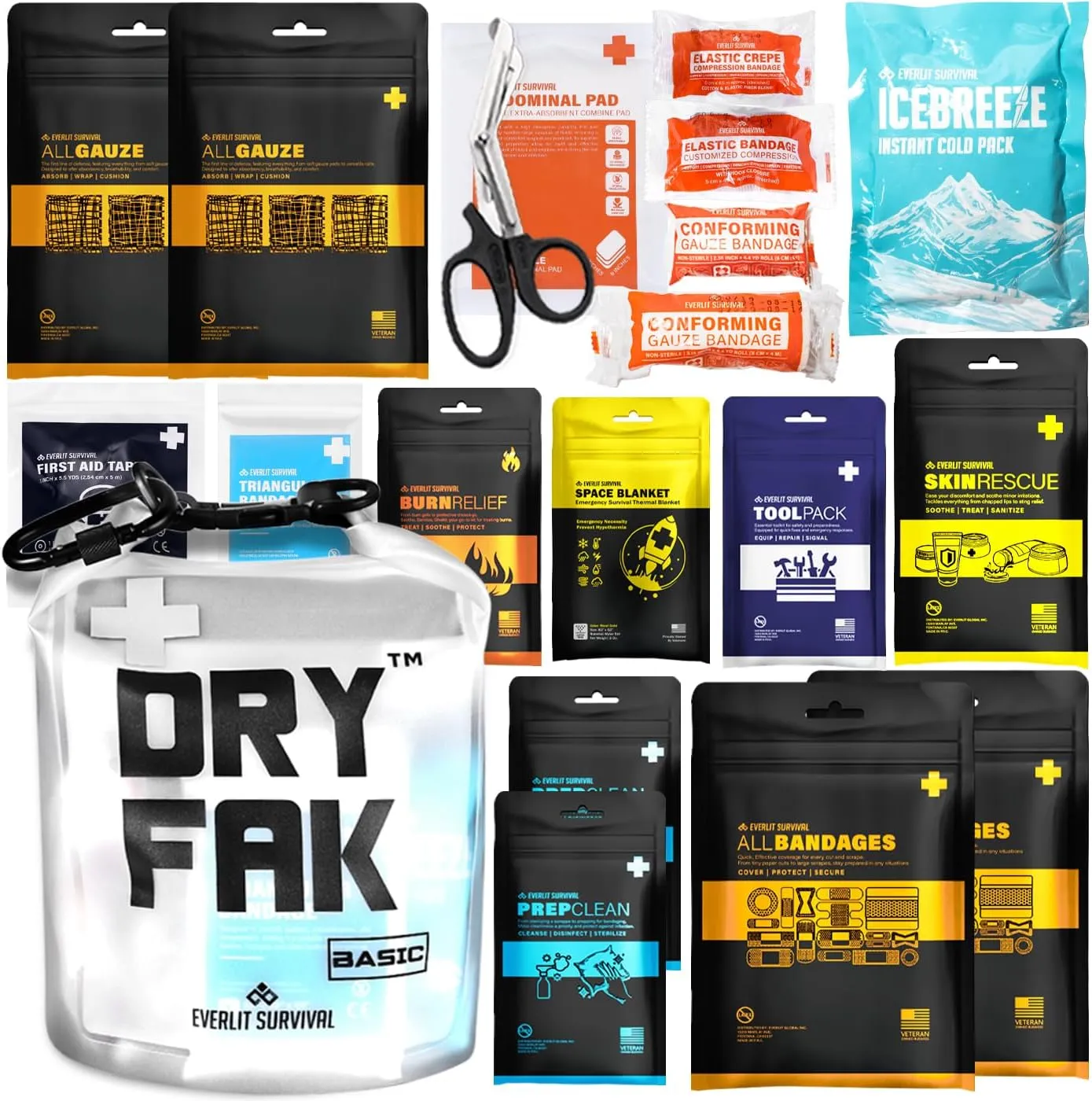 EVERLIT 290 Pc Waterproof First Aid Kit Dry FAK Medical Kit Emergency Survival Kit for Boat, Backpacking, Hiking, Fishing, Travel, Kayaking (Orange) (Clear)