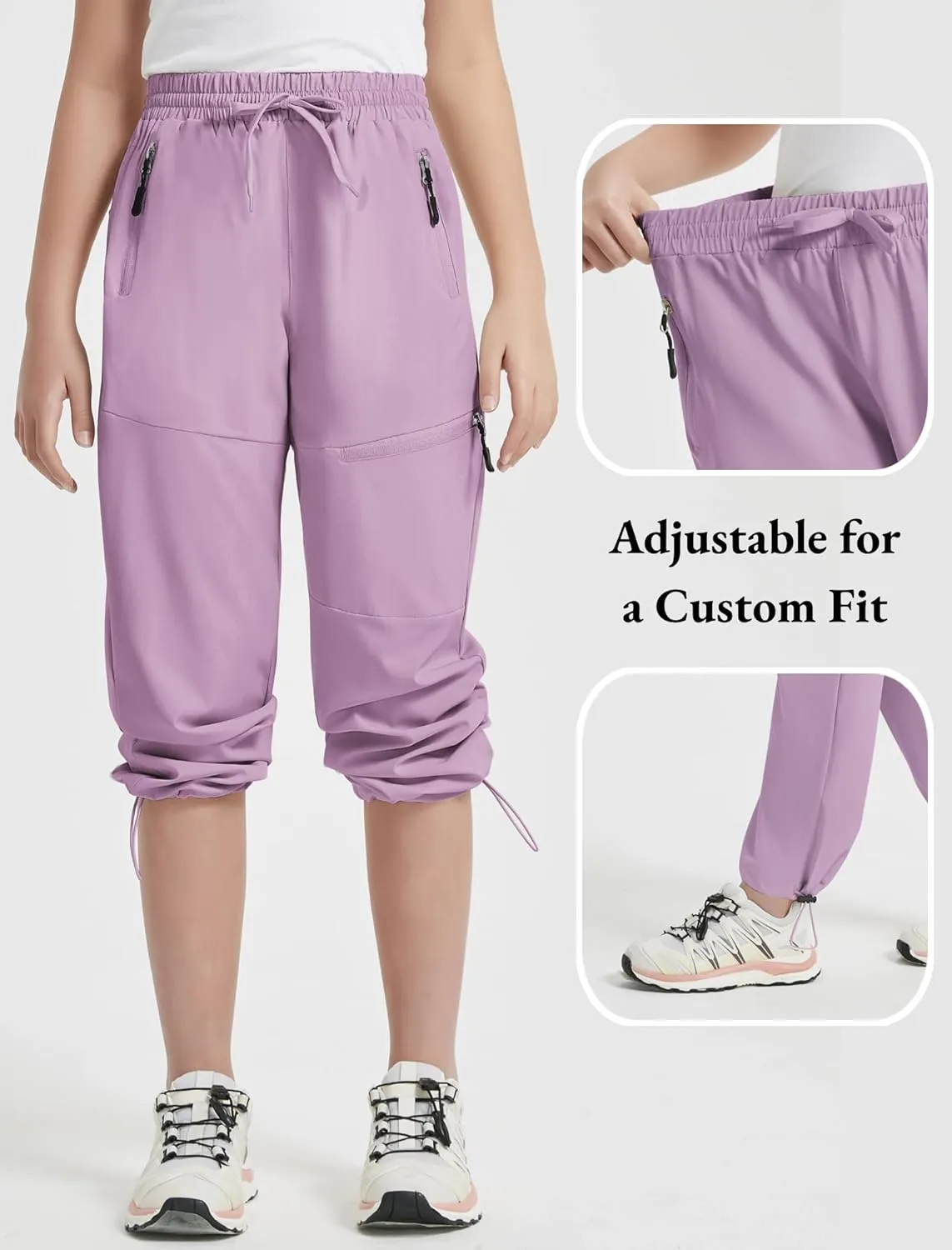 EXARUS Girls Joggers Hiking Pants Water Resistant Kids Athletic Quick Dry Lightweight Zip Pockets High Waisted 6-14Y