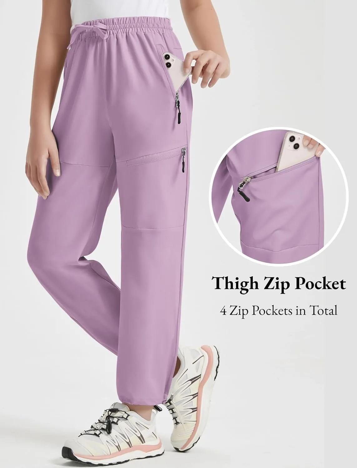 EXARUS Girls Joggers Hiking Pants Water Resistant Kids Athletic Quick Dry Lightweight Zip Pockets High Waisted 6-14Y