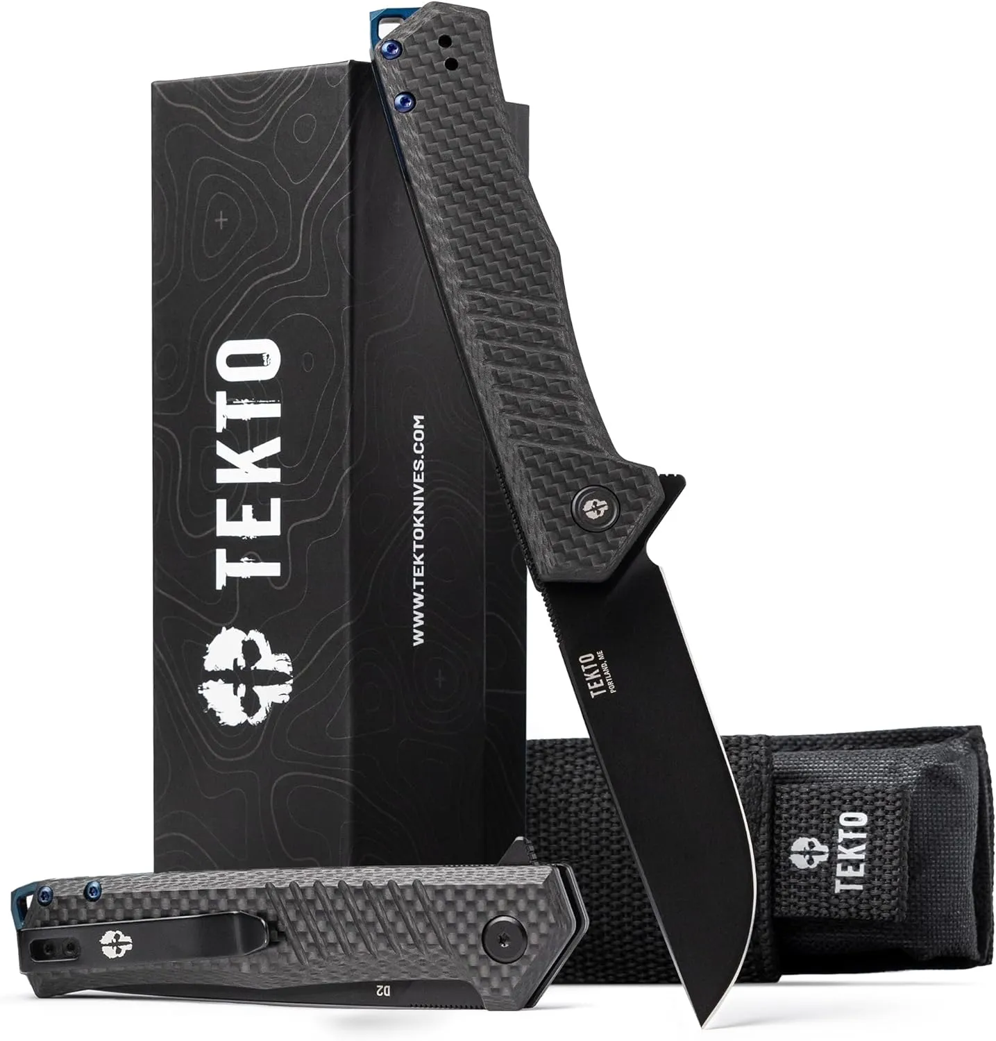 F1 Alpha Folding Pocket Knife - Modified Straight Back Blade,Titanium Coated D2 Steel, Ideal for Outdoor Camping and Backpacking, Tactical Carbon Fiber Handle, Blue Titanium Accents