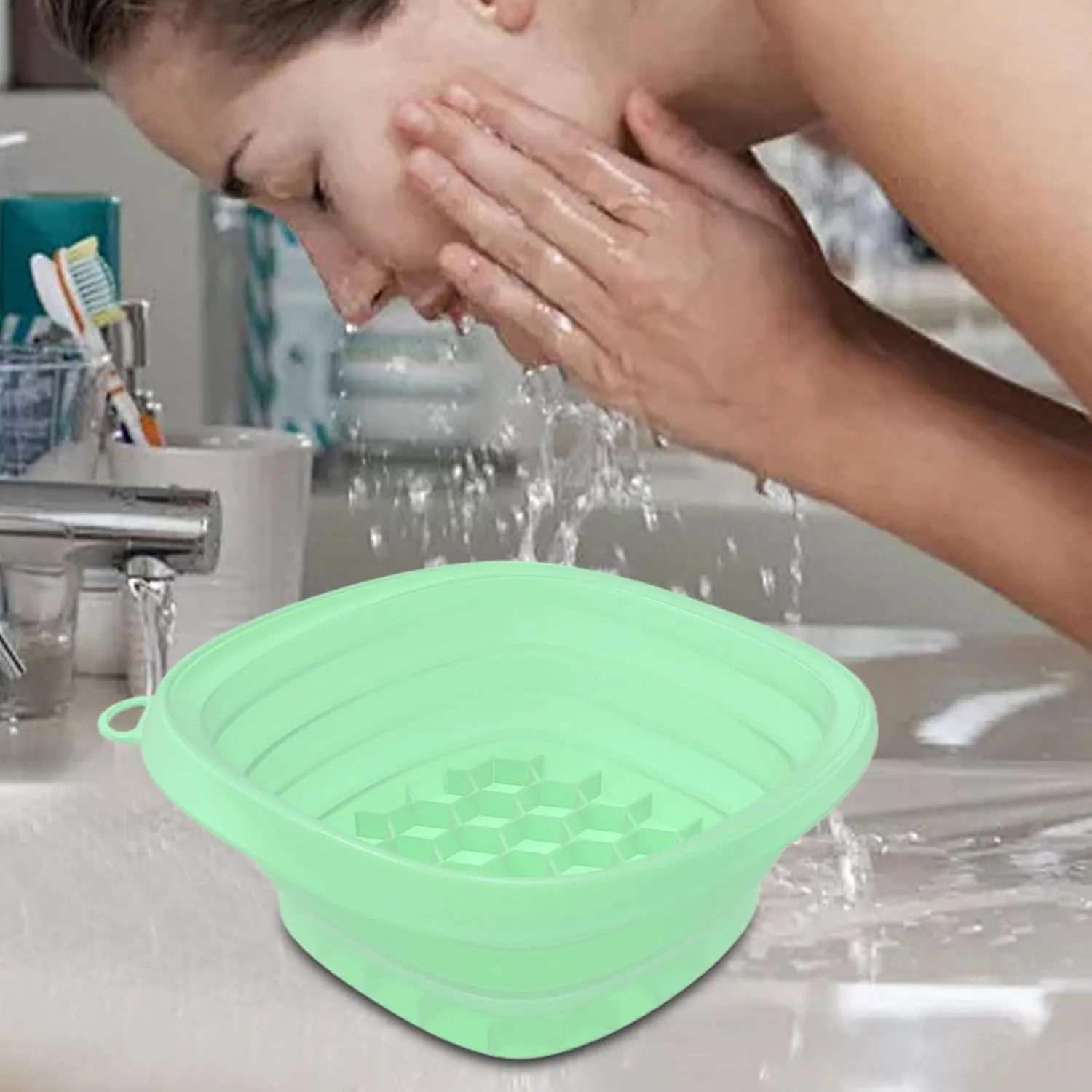 Face Ice Bath Bowl,Camping Wash Basin - Facial Roller Silicone Reusable Foldable Washing Basin with Build in Cube Tray for Skin Care Kitchen Spa