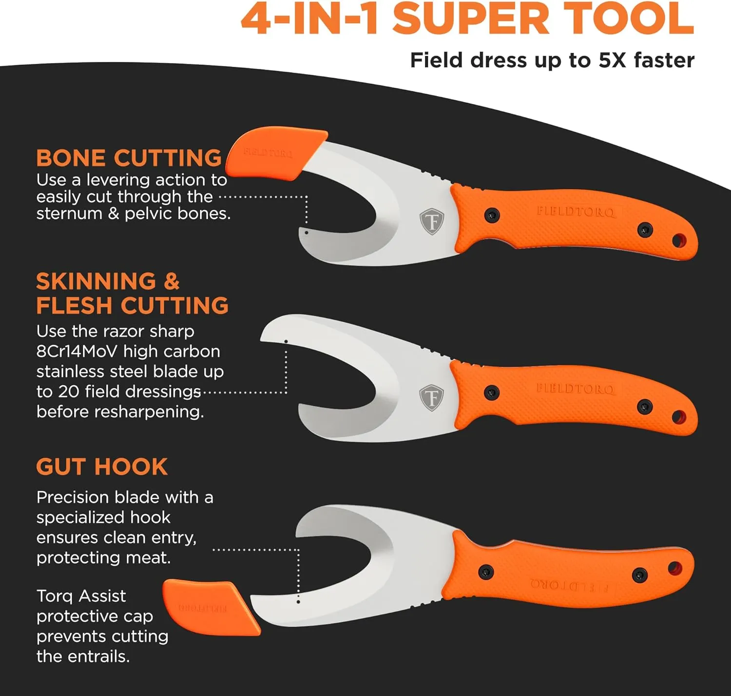 Field Dressing Kit | 4-in-1 Super Tool with Sheath & Sharpener | Skinning Knife for Hunting | Gut Hook | Deer Hunting Knife Set | FRN
