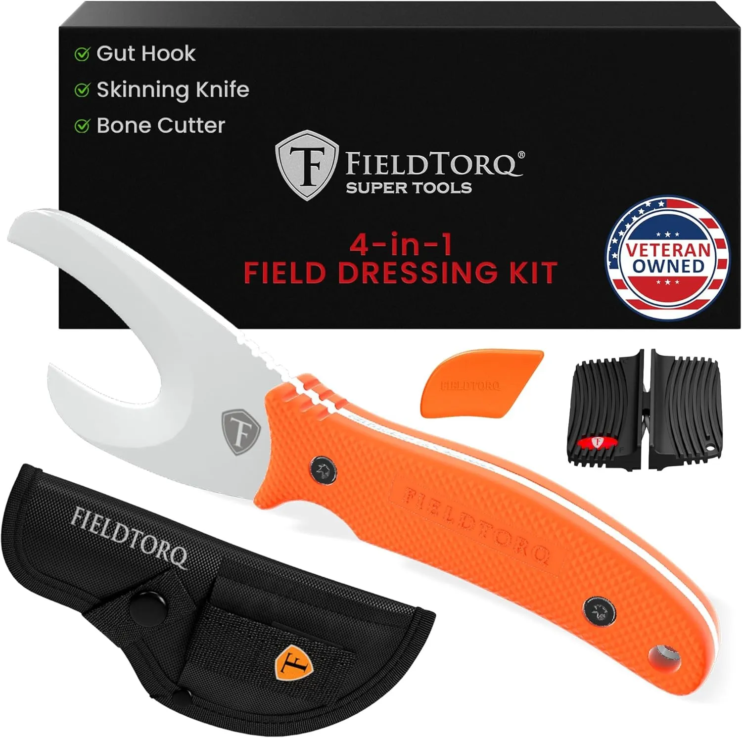 Field Dressing Kit | 4-in-1 Super Tool with Sheath & Sharpener | Skinning Knife for Hunting | Gut Hook | Deer Hunting Knife Set | FRN