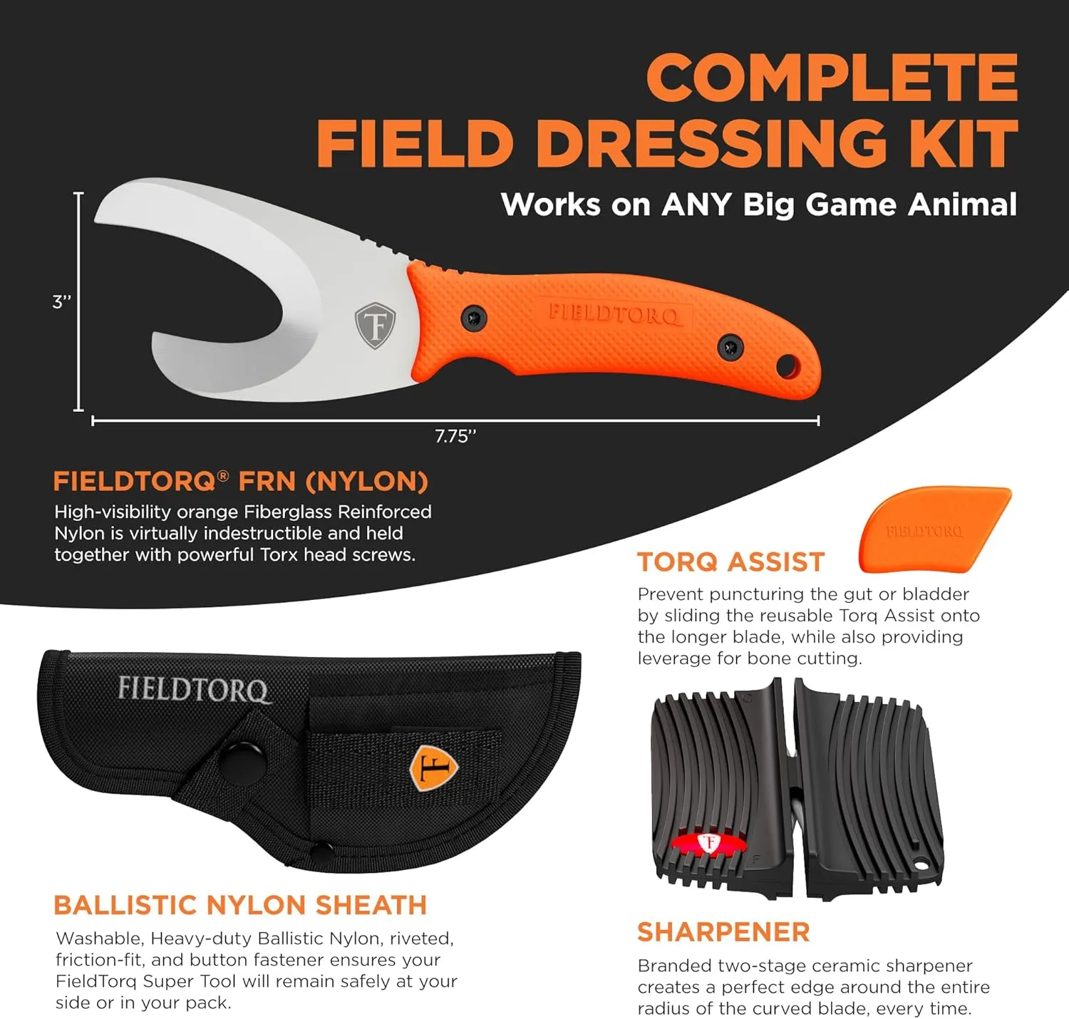 Field Dressing Kit | 4-in-1 Super Tool with Sheath & Sharpener | Skinning Knife for Hunting | Gut Hook | Deer Hunting Knife Set | FRN