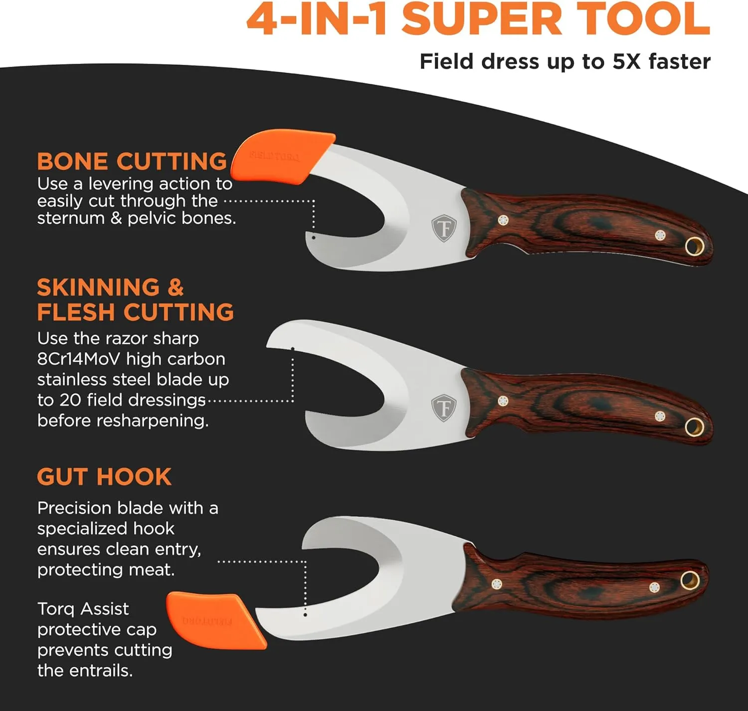 Field Dressing Kit | 4-in-1 Super Tool with Sheath & Sharpener | Skinning Knife for Hunting | Gut Hook | Deer Hunting Knife Set | Pakkawood