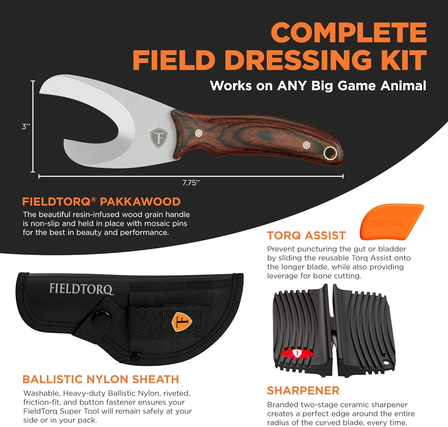Field Dressing Kit | 4-in-1 Super Tool with Sheath & Sharpener | Skinning Knife for Hunting | Gut Hook | Deer Hunting Knife Set | Pakkawood