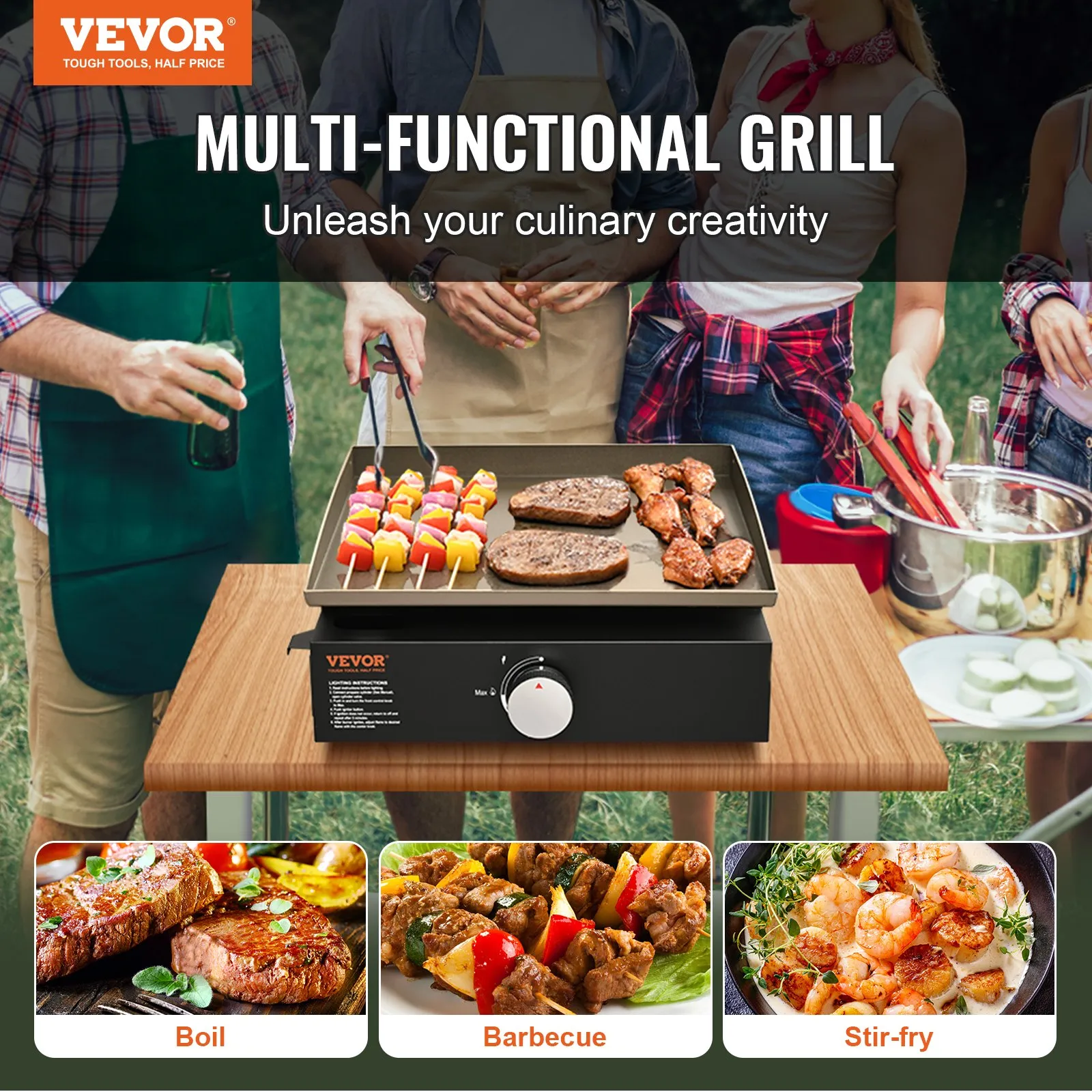 (FINAL PRICES ARE LOWER ON OUR SITE!) VEVOR Commercial Griddle, 16.9" Heavy Duty Manual Flat Top Griddle, Countertop Gas Grill with Non-Stick Cooking Plate, Steel LPG Gas Griddle, 1-Burner Restaurant Portable Grill -  13,000 BTU