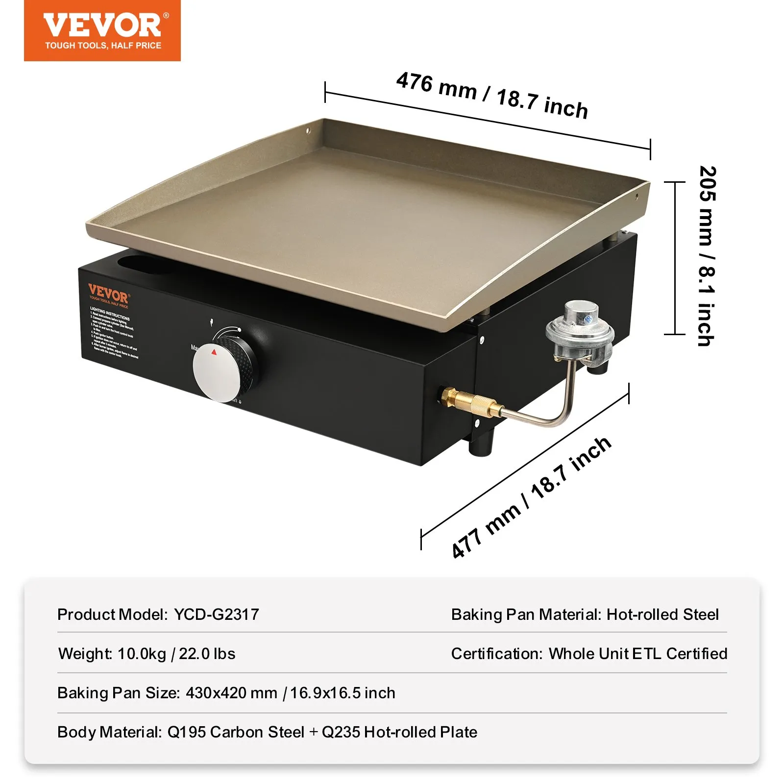 (FINAL PRICES ARE LOWER ON OUR SITE!) VEVOR Commercial Griddle, 16.9" Heavy Duty Manual Flat Top Griddle, Countertop Gas Grill with Non-Stick Cooking Plate, Steel LPG Gas Griddle, 1-Burner Restaurant Portable Grill -  13,000 BTU