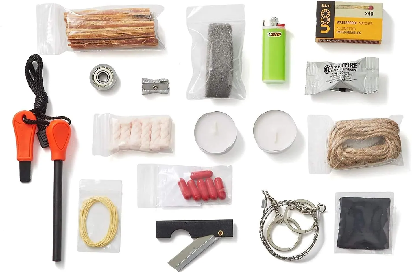 Fire Starting Kit, 33 Pieces Outdoor Survival Kit, Resealable Waterproof Bag, Includes Survival Information Sheet, Tactical Gear & Accessories