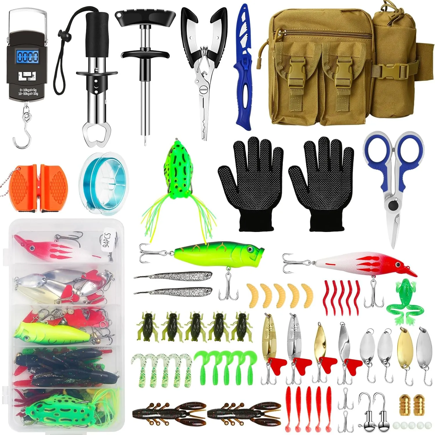 Fishing Tool Kit - 112pcs Fishing Gear & Equipment, Fish Pliers, Hook Remover, Scale, Scissors, Lip Gripper, Lures