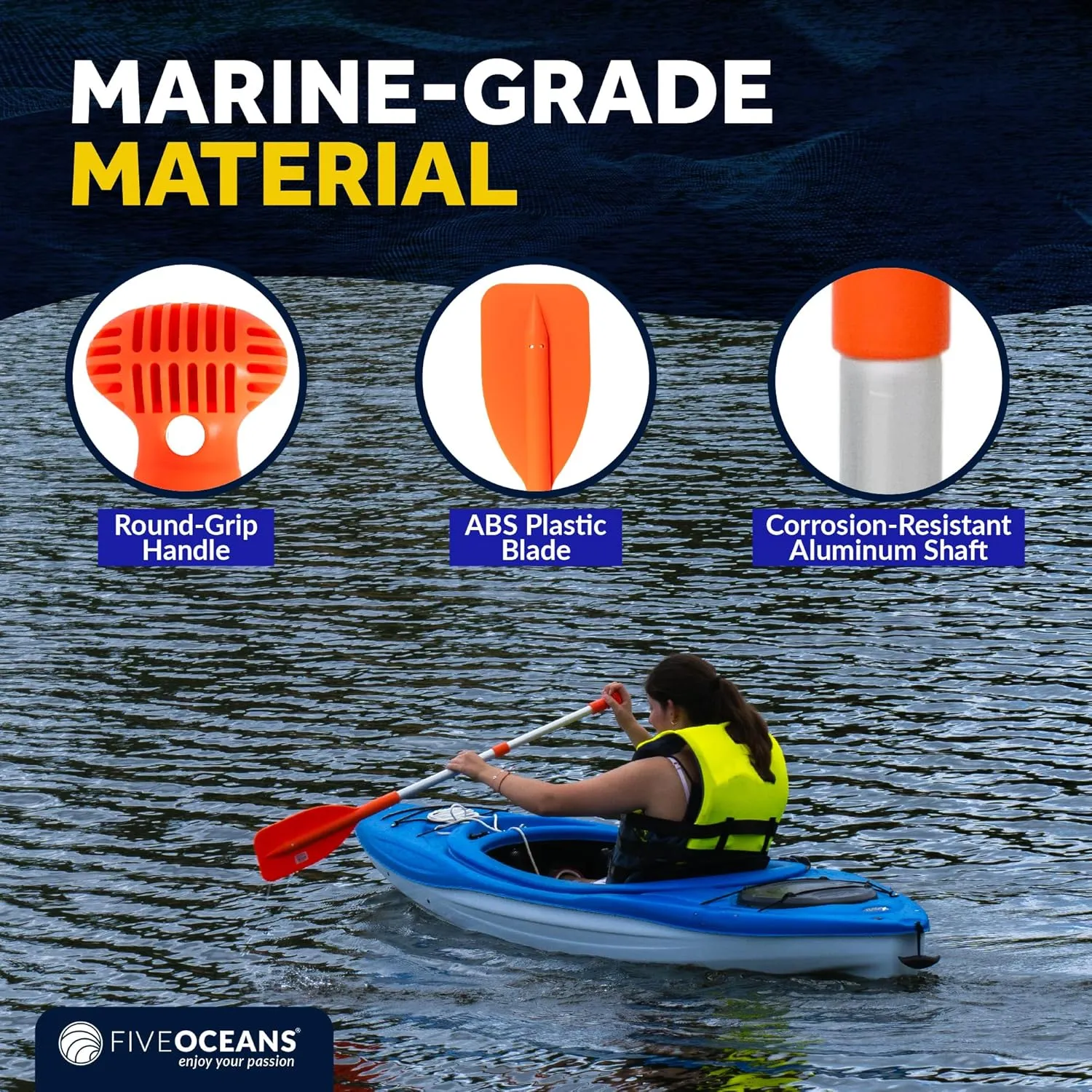 Five Oceans Emergency Telescoping Paddle, Boat Paddles, Floating Orange Paddle, Extends from 21" to 42", Compact Design for Easy Storage, Strong Anodized Aluminum Shaft