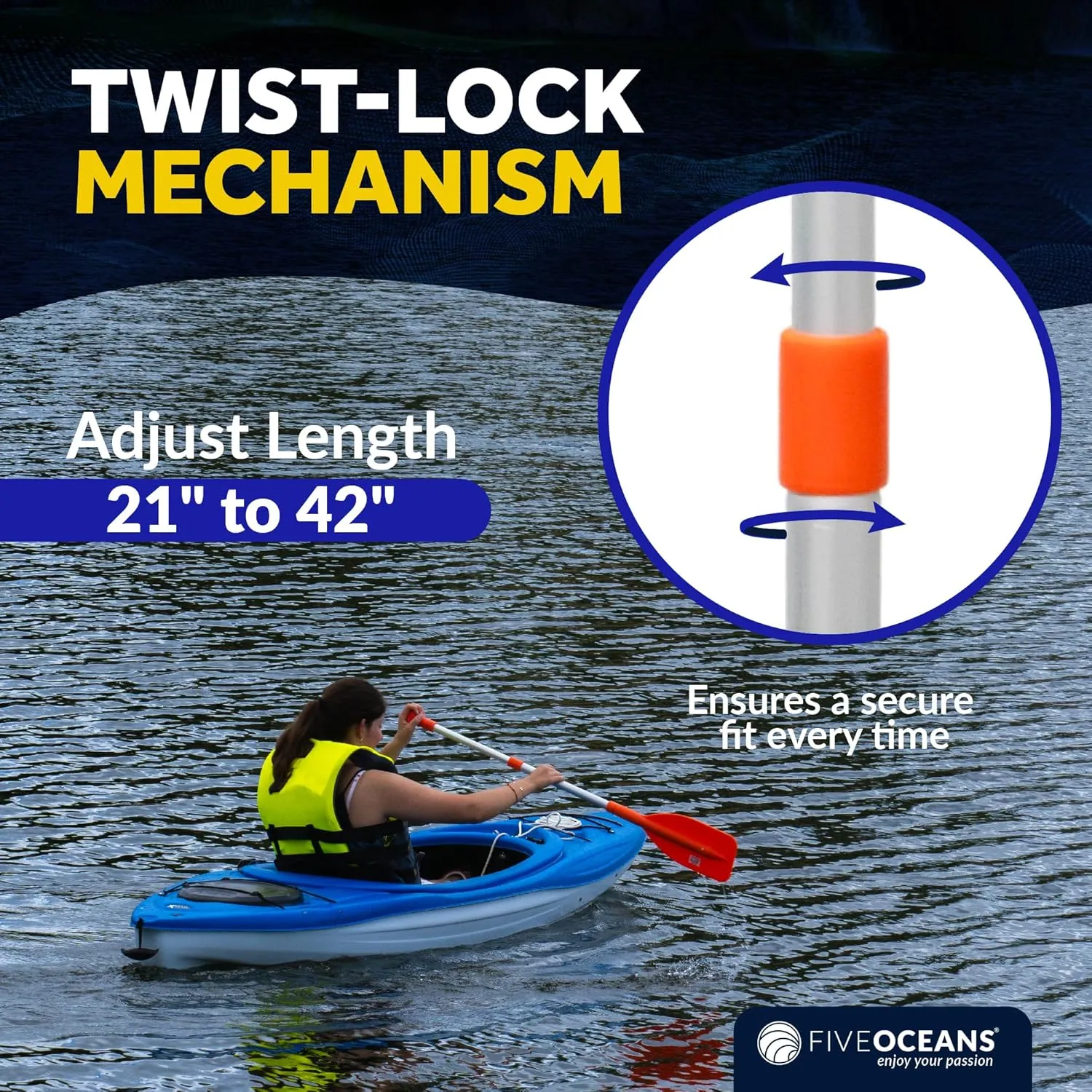 Five Oceans Emergency Telescoping Paddle, Boat Paddles, Floating Orange Paddle, Extends from 21" to 42", Compact Design for Easy Storage, Strong Anodized Aluminum Shaft