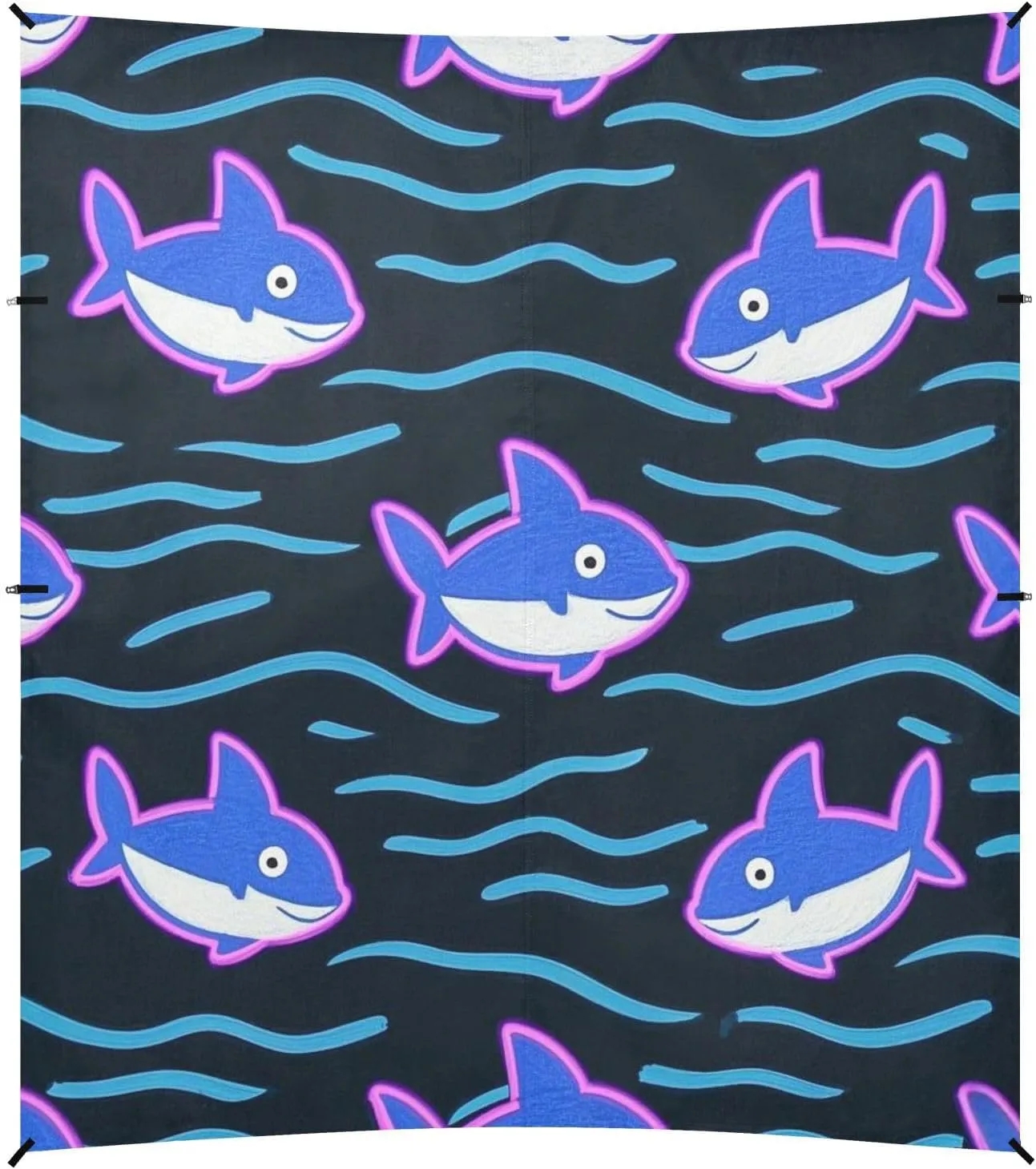 Fluorescent Shark Wave Pattern Foldable Beach Canopy UPF50  Protection Waterproof Shade Sun Shelter with Sandbags and Shovel for Backyard and Camping