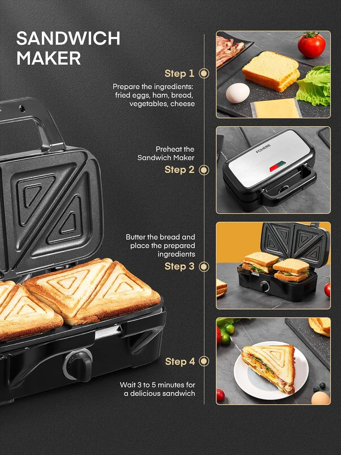 FOHERE Waffle Maker 3 in 1 Sandwich Maker 1200W Panini Press With Removable Plates and 5-gear Temperature Control, Non-stick Coating Easy to Clean,Indicator Lights, Silver/Black