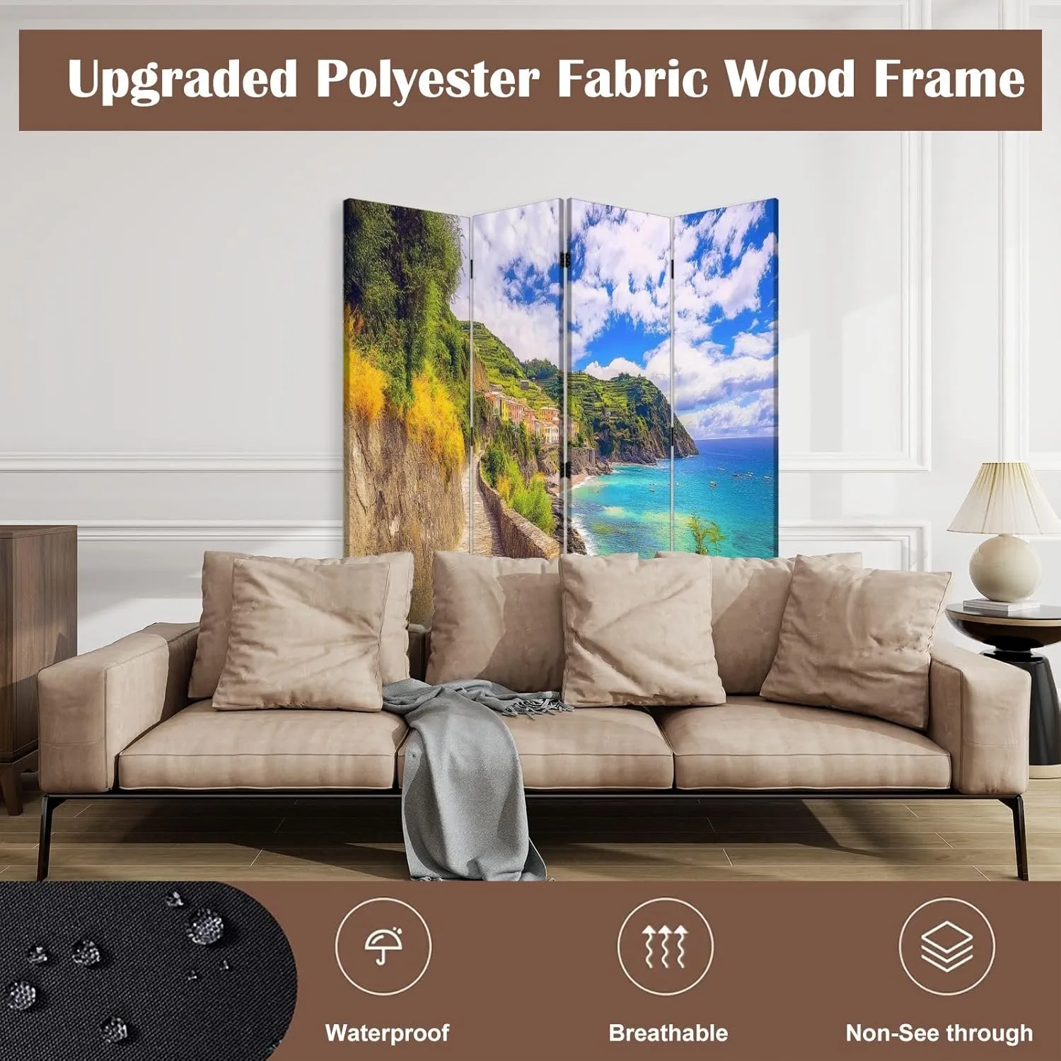 Folding Room Divider Wall Privacy Screen Walking to Monterosso al Mar Portable Partition Room Separator Panel for Home Office Bedroom 4 Panel