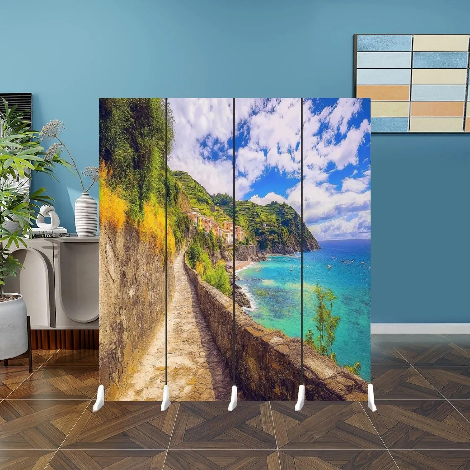 Folding Room Divider Wall Privacy Screen Walking to Monterosso al Mar Portable Partition Room Separator Panel for Home Office Bedroom 4 Panel