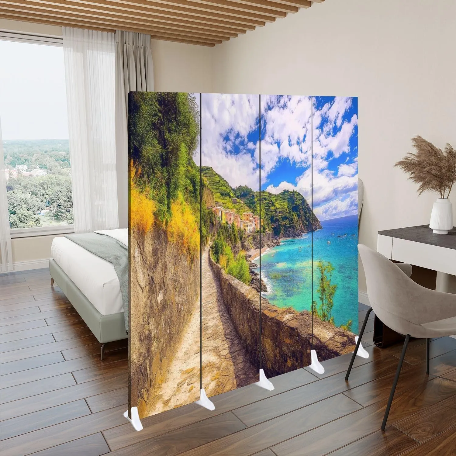 Folding Room Divider Wall Privacy Screen Walking to Monterosso al Mar Portable Partition Room Separator Panel for Home Office Bedroom 4 Panel