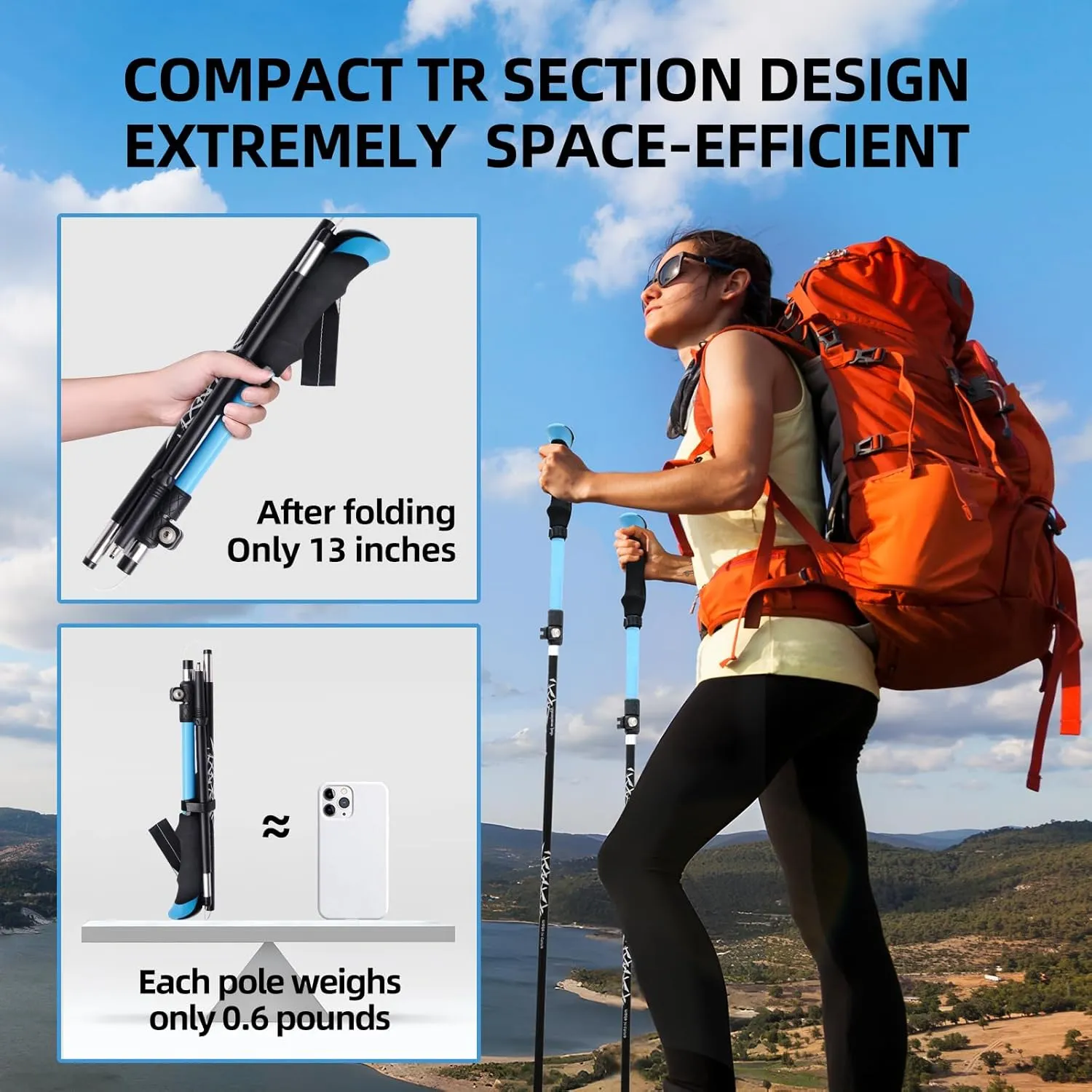 Folding Trekking Poles, Hiking Travel Poles, Hiking Equipment, Lightweight Trekking Poles, Suitable for Men and Women, The Elderly and Children，with an Outdoor Compass