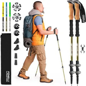 Foxelli Trekking Poles – Lightweight Collapsible Aircraft Grade Aluminum Hiking Poles with Cork Grips Quick Locks & All-Terrain Accessories – Pair of 2