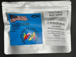 Freedom Freeze Dried Vegetable Beef Soup, BIG PORTION Single Serving Meal, 2.75 oz as packaged, Preppers, Camping, Hunting, Backpacking, Survival Meals, Emergency Preparedness, Easy to Prepare