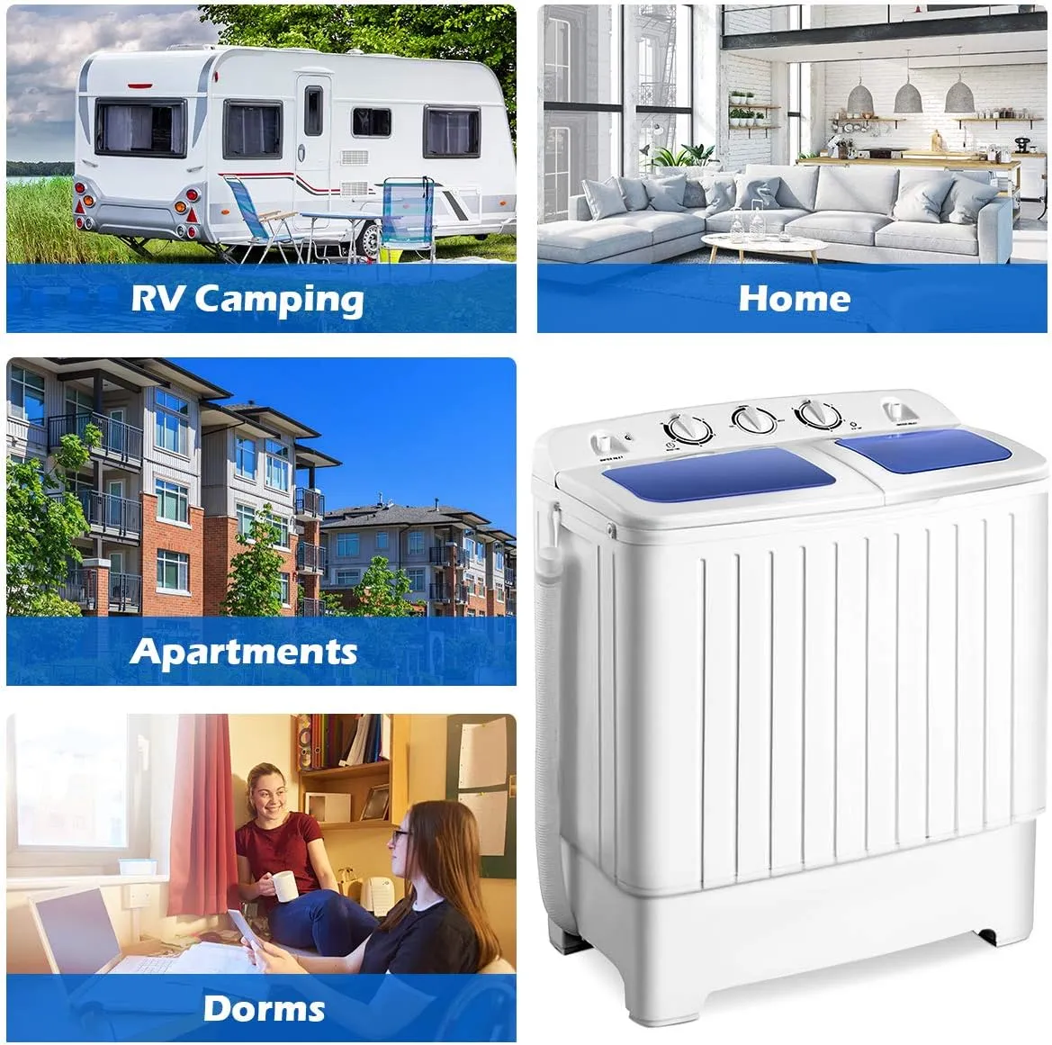 Giantex Portable Mini Compact Twin Tub Washing Machine 20lbs Washer Spain Spinner Portable Washing Machine, Blue  White