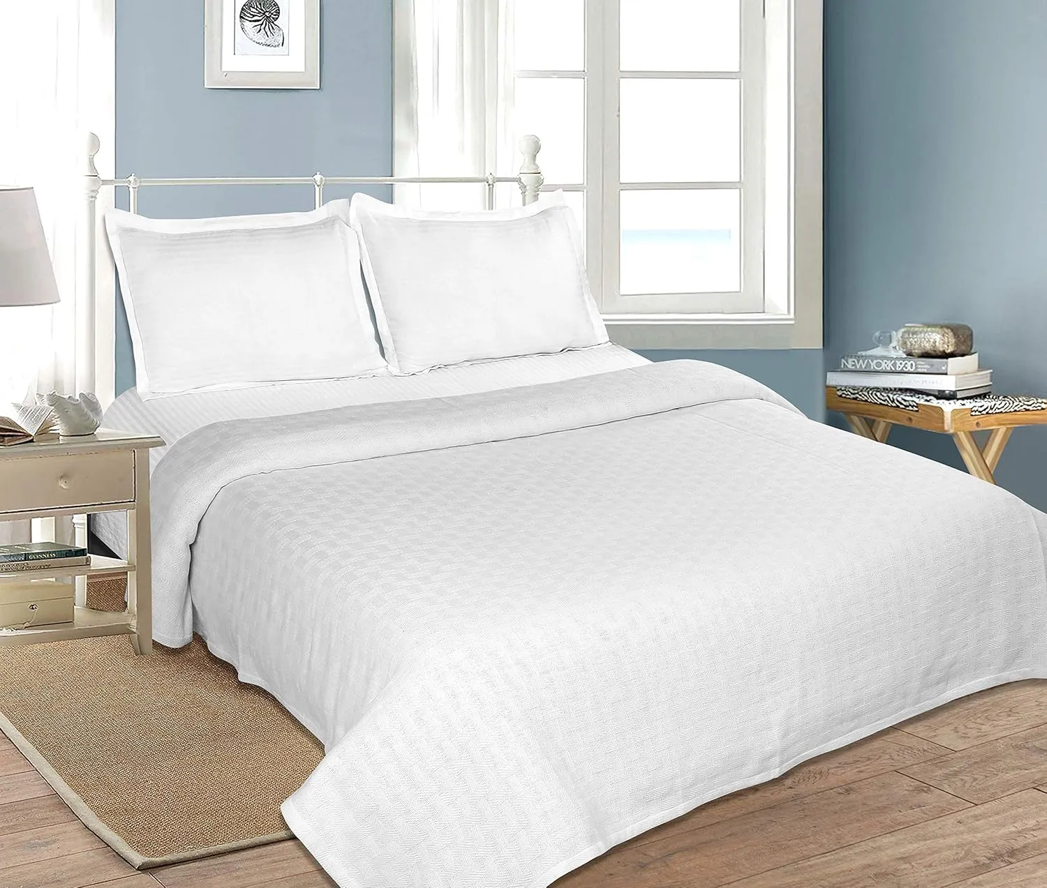 GLAMBURG 100% Cotton Breathable Bed Blanket, Cotton Thermal Blankets King Size - Perfect for Layering Any Bed for All Season - White