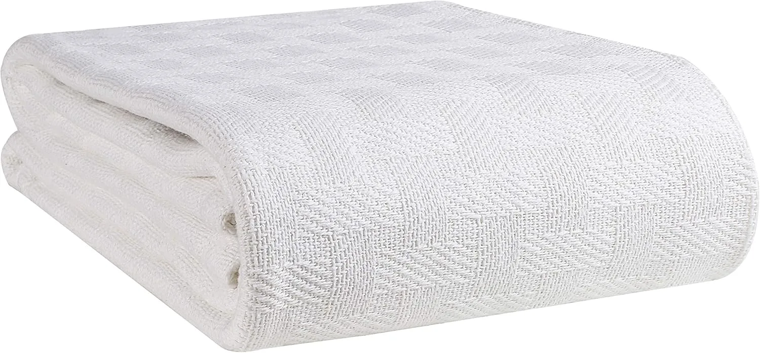 GLAMBURG 100% Cotton Breathable Bed Blanket, Cotton Thermal Blankets King Size - Perfect for Layering Any Bed for All Season - White