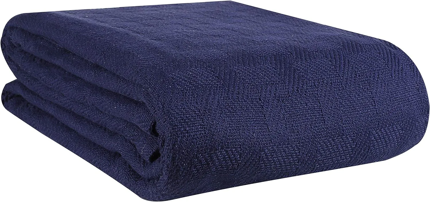 GLAMBURG 100% Cotton, Breathable bed blanket king size, Cotton Thermal Blankets - Perfect for Layering Any Bed for All Season - Navy Blue
