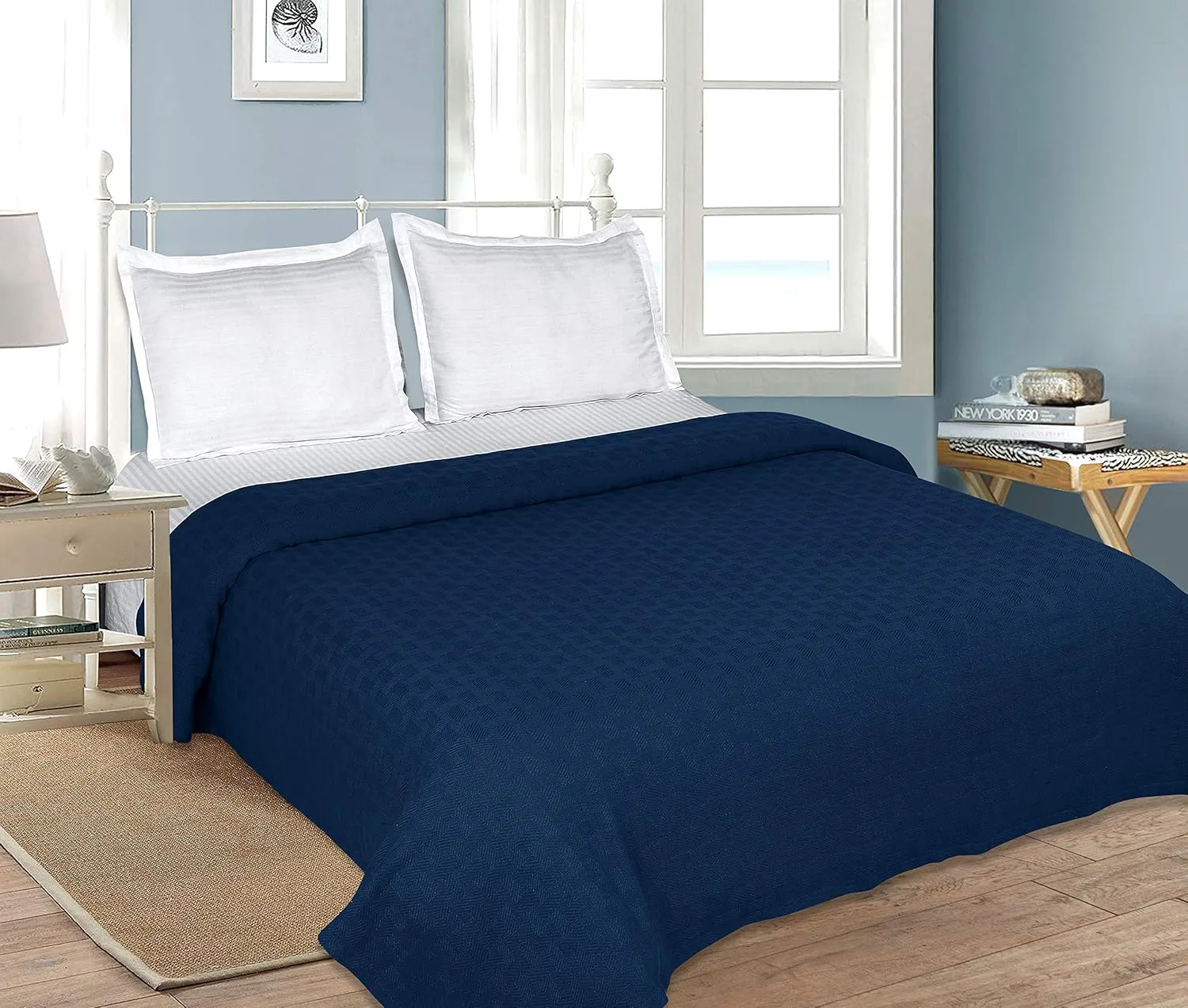 GLAMBURG 100% Cotton, Breathable bed blanket king size, Cotton Thermal Blankets - Perfect for Layering Any Bed for All Season - Navy Blue