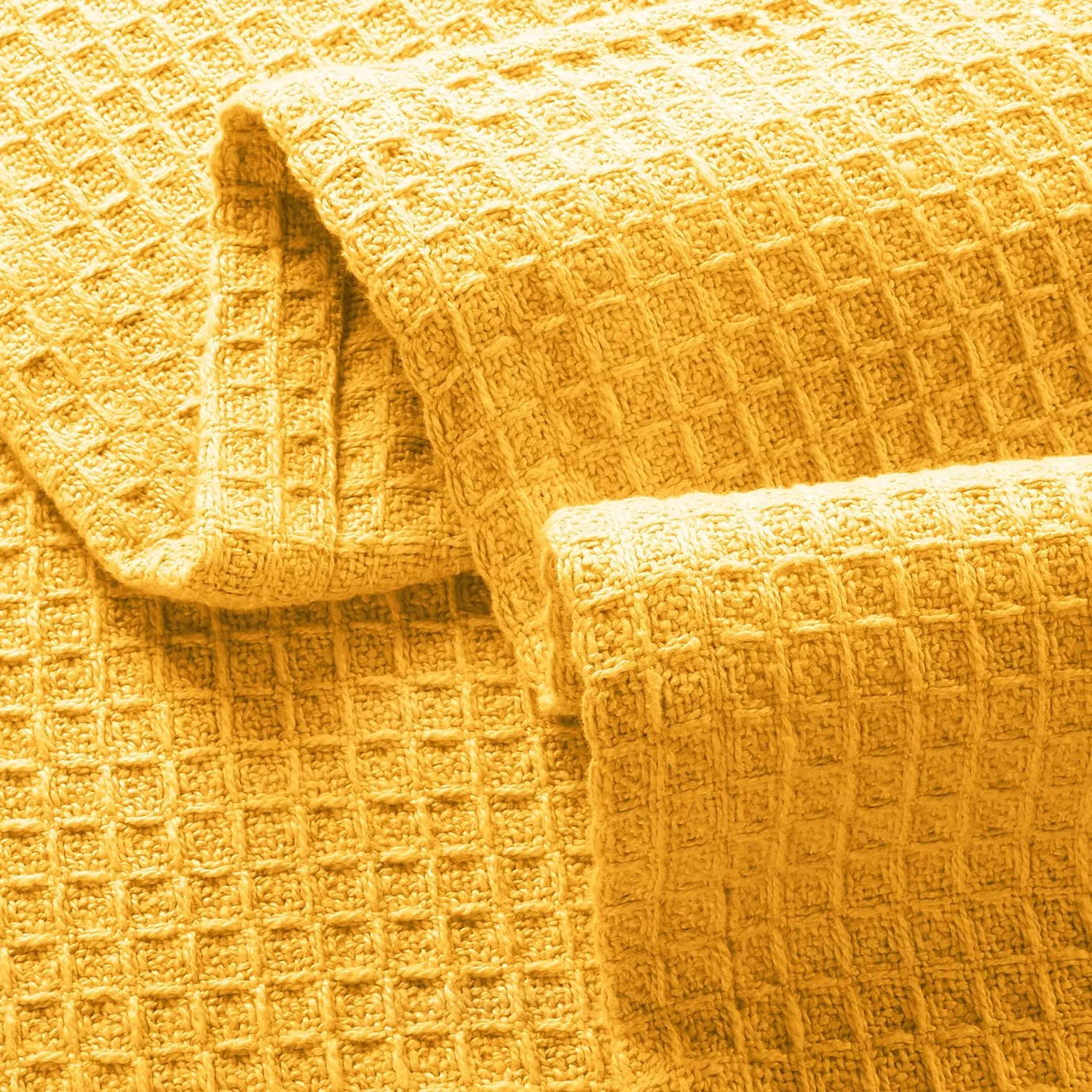 GLAMBURG 100% Cotton Thermal Bed Blanket, Breathable Waffle Blanket, Twin Size, All Season, Mustard Yellow