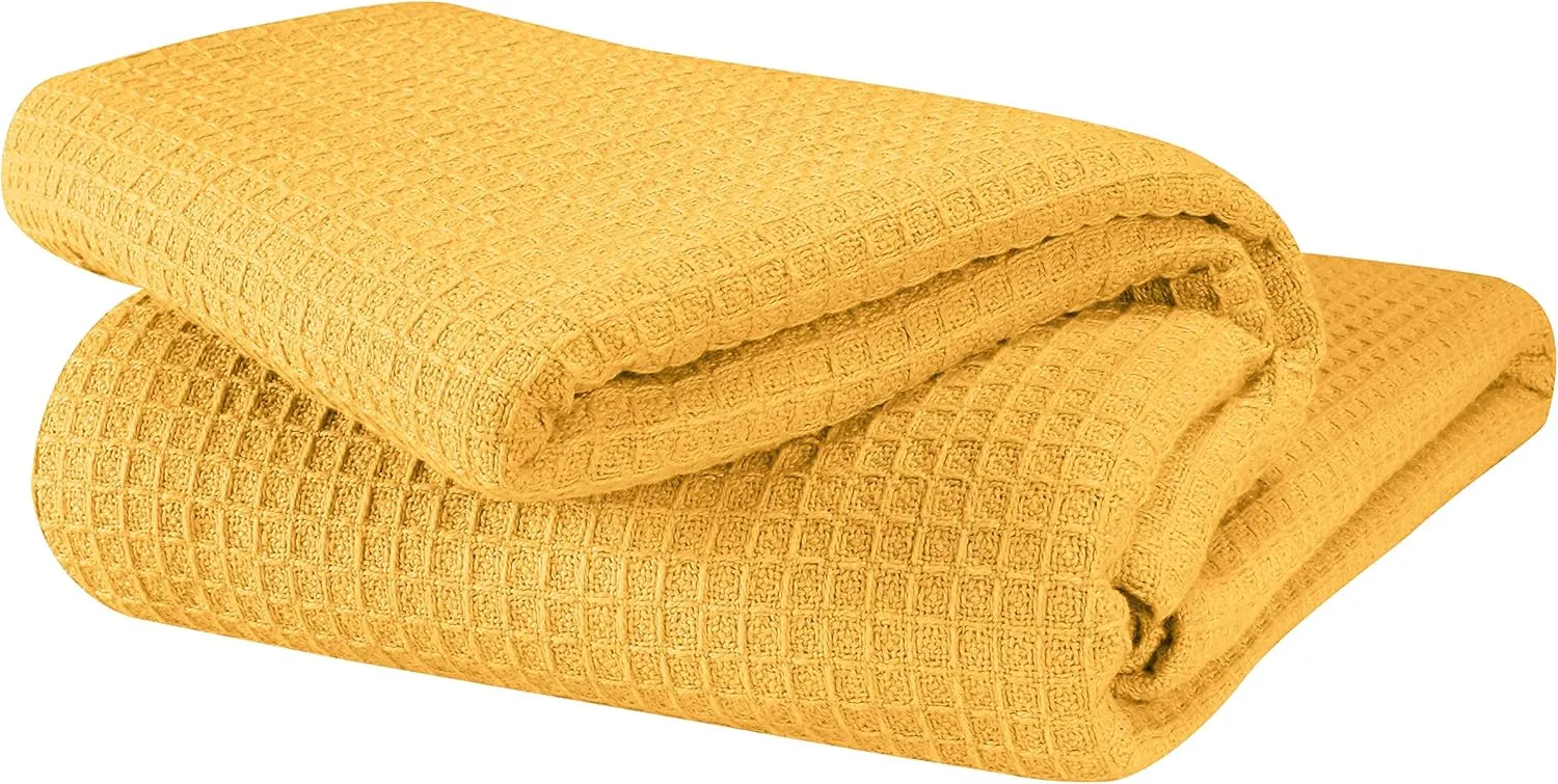 GLAMBURG 100% Cotton Thermal Bed Blanket, Breathable Waffle Blanket, Twin Size, All Season, Mustard Yellow