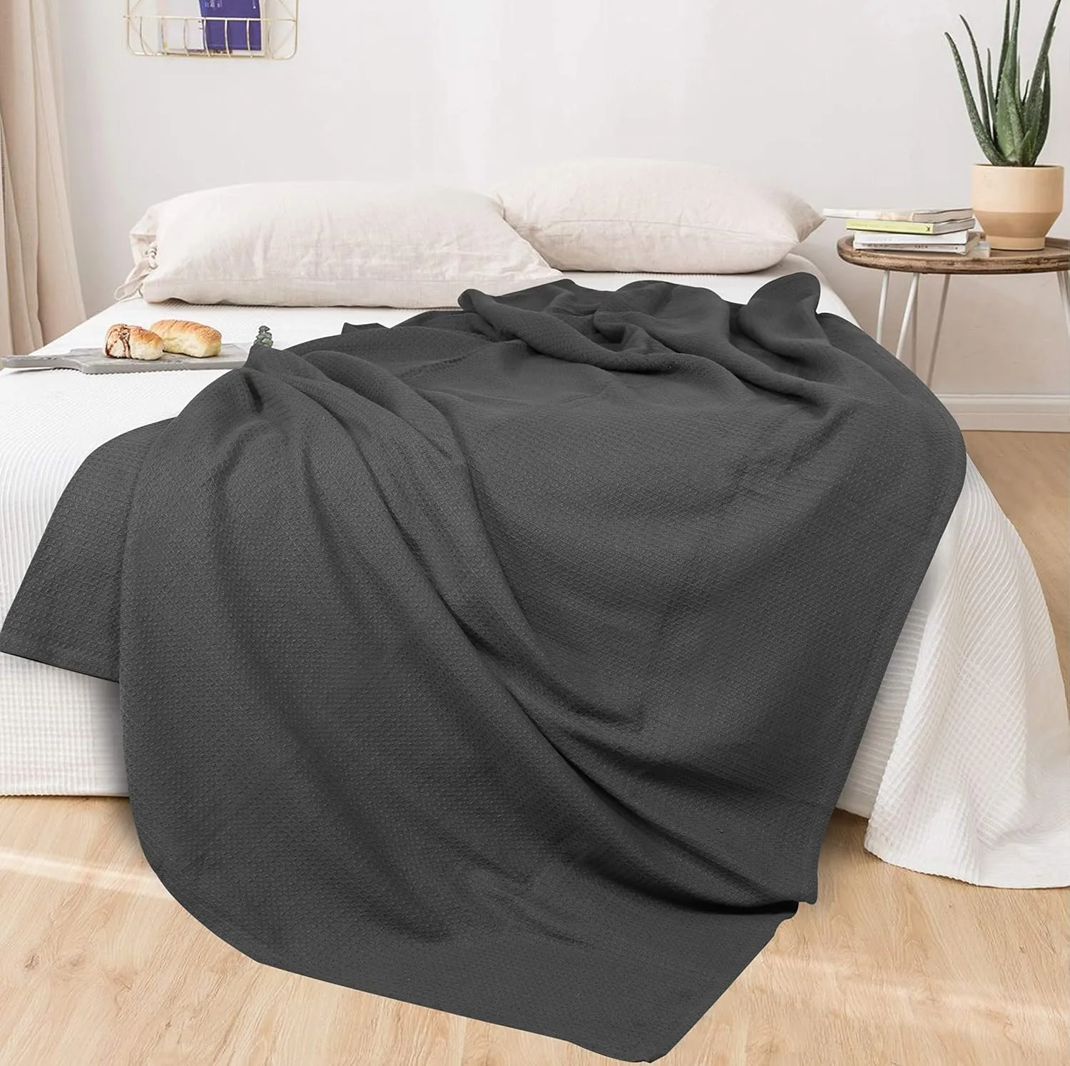 Glamburg 100% Cotton Thermal Bed Blanket, Twin Size, Soft Waffle, All Season, Charcoal