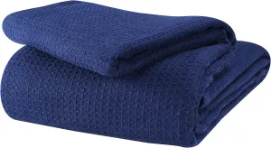 Glamburg 100% Cotton Thermal Blanket, Breathable Waffle Blanket, King Size, All Season, Navy Blue