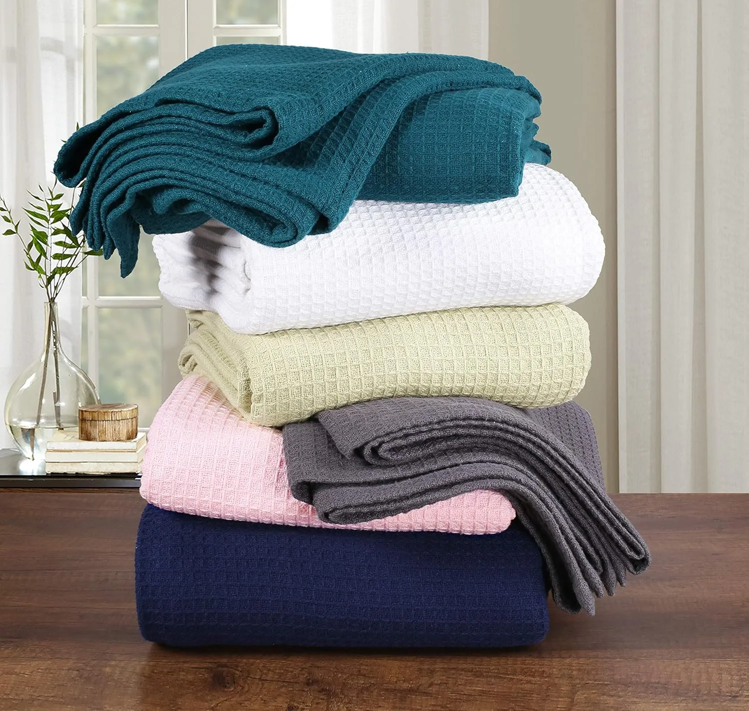 GLAMBURG 100% Cotton Thermal Twin Blanket, Breathable Soft Waffle Blanket, All Season Light Grey