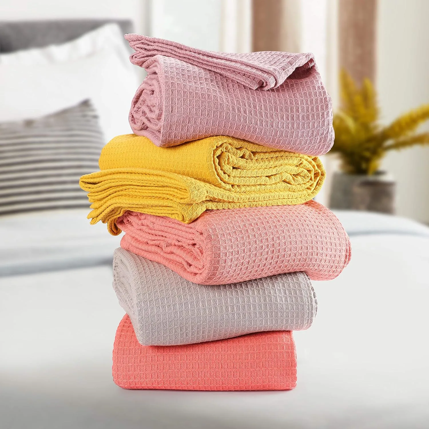 GLAMBURG 100% Cotton Thermal Twin Blanket, Breathable Soft Waffle Blanket, All Season Light Grey