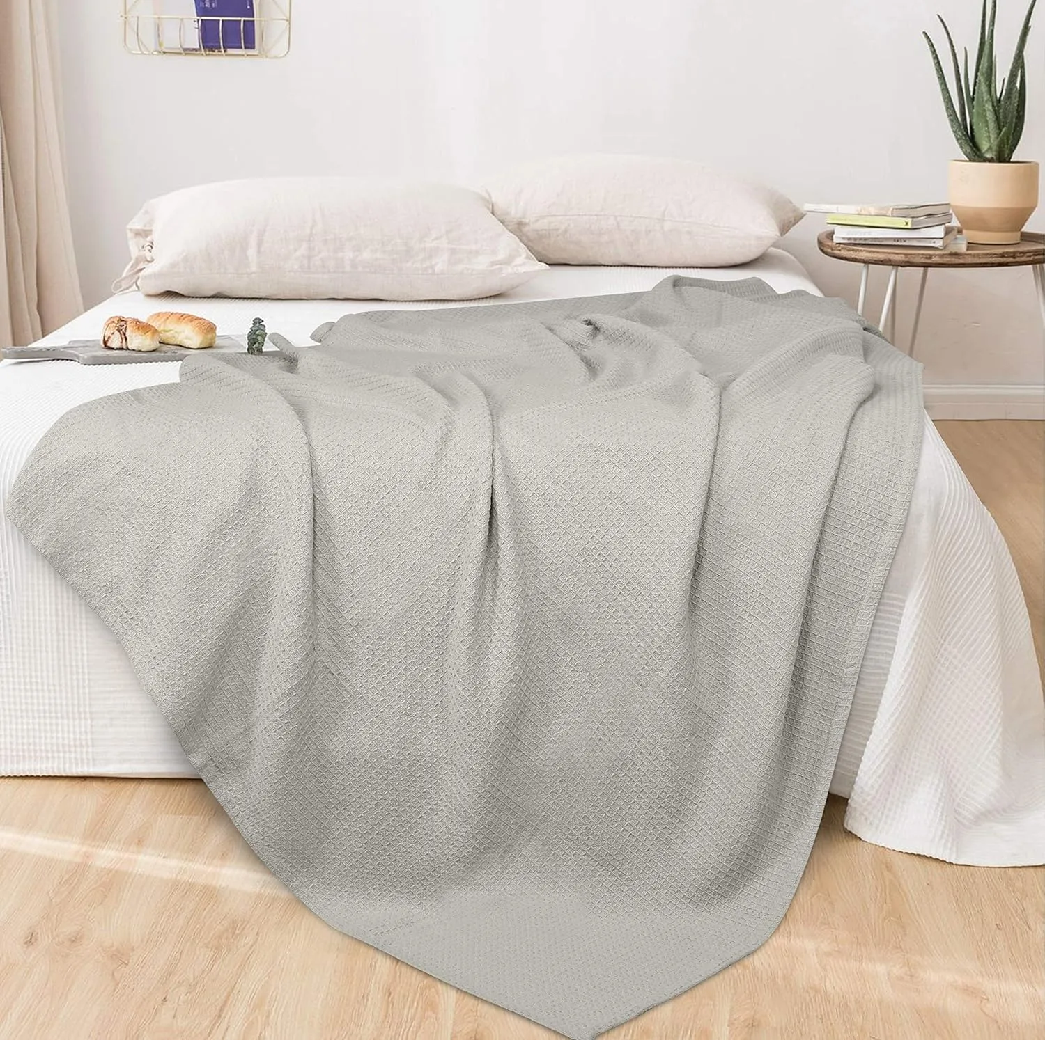 GLAMBURG 100% Cotton Thermal Twin Blanket, Breathable Soft Waffle Blanket, All Season Light Grey