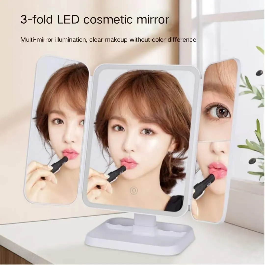 Glisera LED Trifold Makeup Mirror, 3 Color Led Makeup Mirror with Lights and Magnification, White