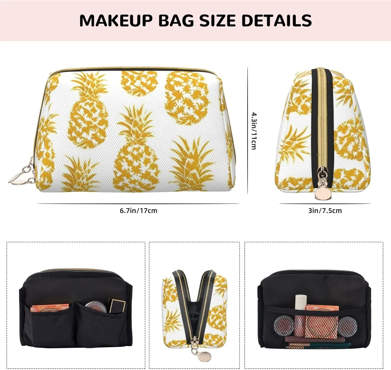 Gold Pineapple Toiletry Pouch, Travel-Friendly Makeup Organizer For Makeup Brushes, Lipsticks