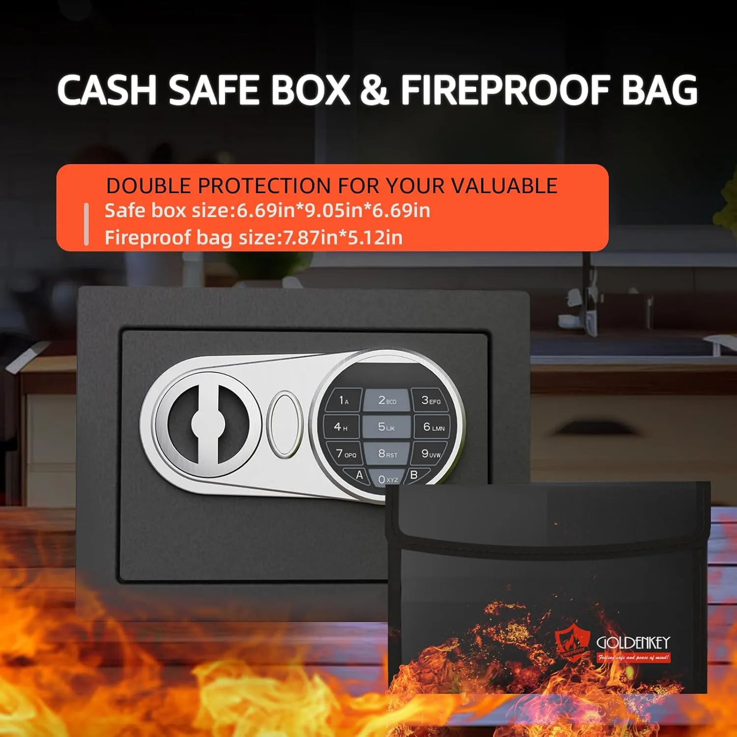 Goldenkey Small Fireproof Safe Box for Home Use, Digital kids Money Safe for Cash and Coin with Keys&Code, Mini Safe Box for Home, House, Hotel, 6.69"D x 9.05"W x 6.69"H, 0.236 Cu.Ft.