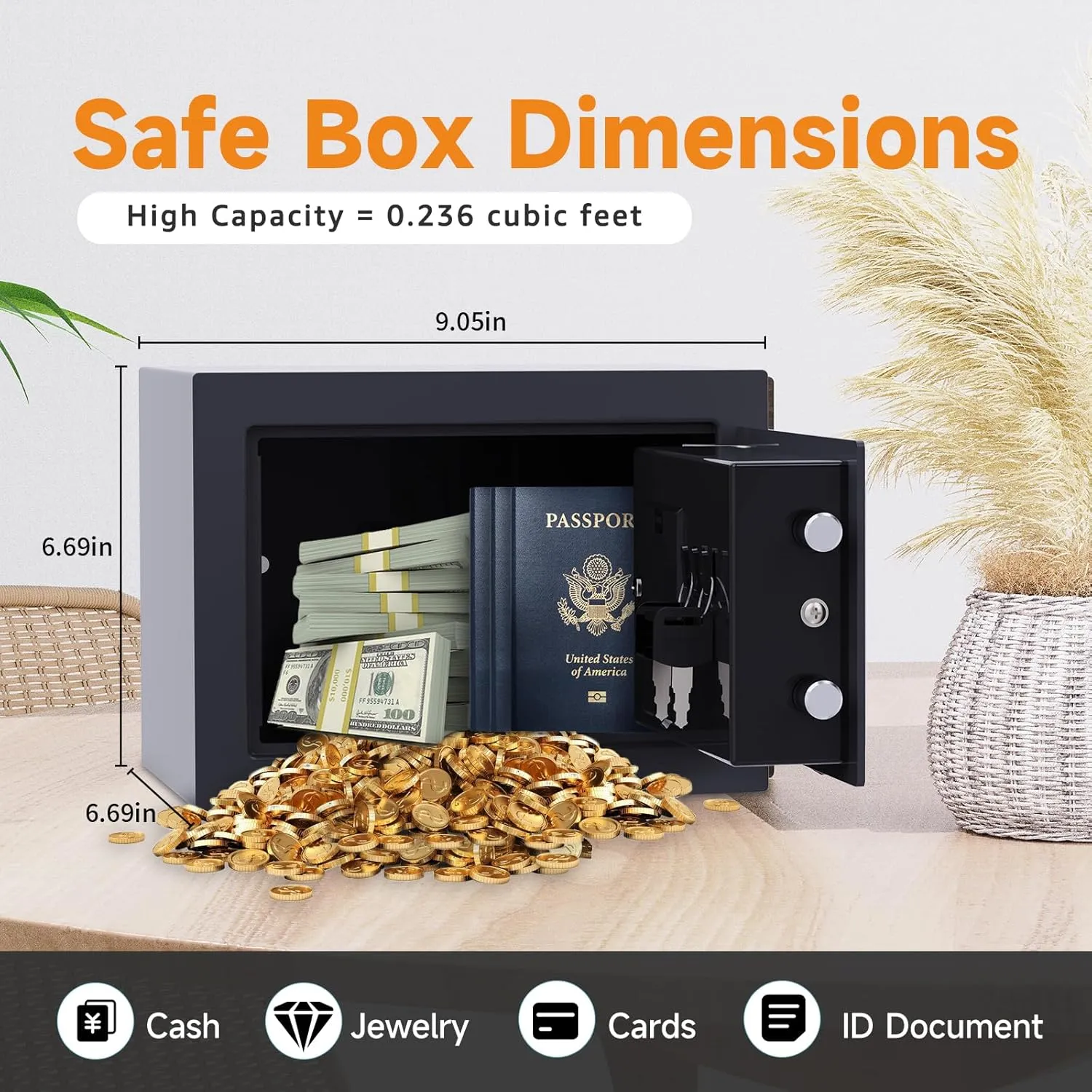 Goldenkey Small Fireproof Safe Box for Home Use, Digital kids Money Safe for Cash and Coin with Keys&Code, Mini Safe Box for Home, House, Hotel, 6.69"D x 9.05"W x 6.69"H, 0.236 Cu.Ft.