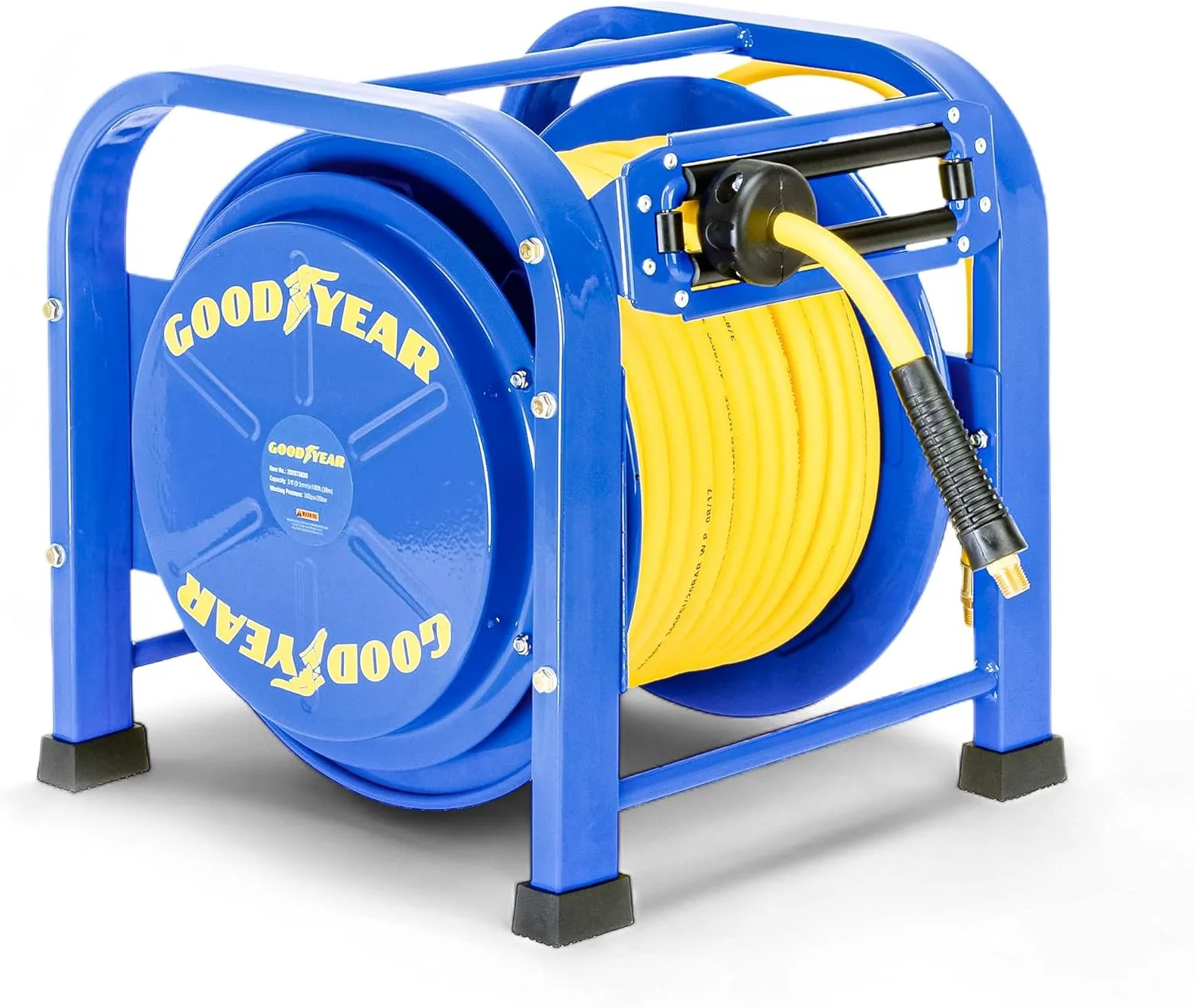 Goodyear Retractable Air Hose Reel, 3/8" x 100 Feet, 300 PSI, Spring-Driven Steel, Heavy Duty Industrial, Flex Hybrid Polymer Hose, Portable and Durable