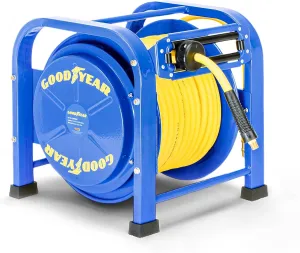 Goodyear Retractable Air Hose Reel, 3/8" x 100 Feet, 300 PSI, Spring-Driven Steel, Heavy Duty Industrial, Flex Hybrid Polymer Hose, Portable and Durable
