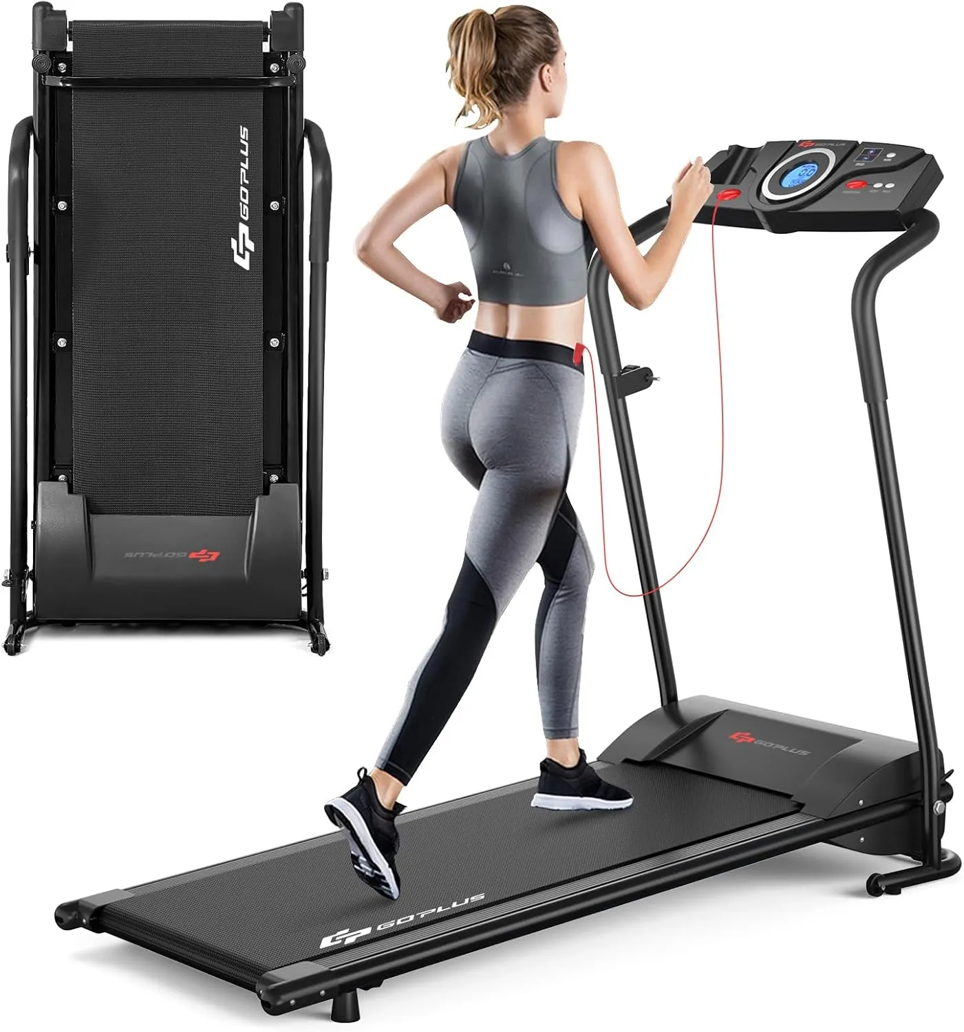 Goplus Compact Folding Treadmill for Home, Electric Walking Running Machine, Low Noise, Built-in 2 Workout Modes and 12 Programs, with Display